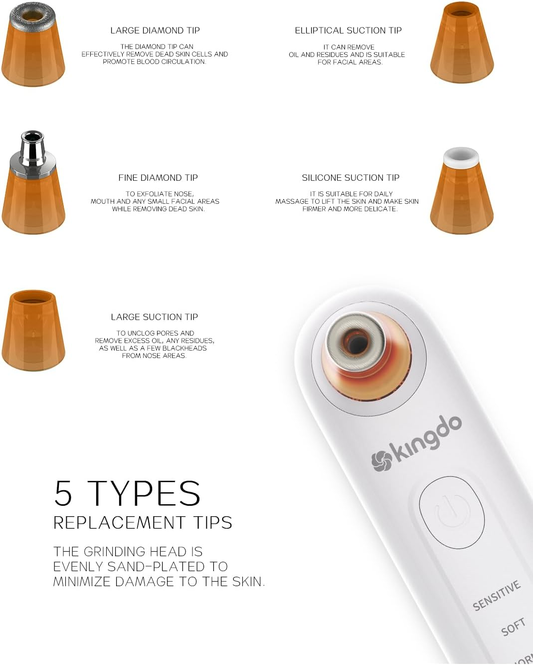 Kingdo Microdermabrasion Machine for Face, 2-In-1 Diamond Dermabrasion & Pore Vacuum, 5 Suction Levels with 5 Replaceable Tips, Exfoliating Skin Care Device for Home Use image number 4