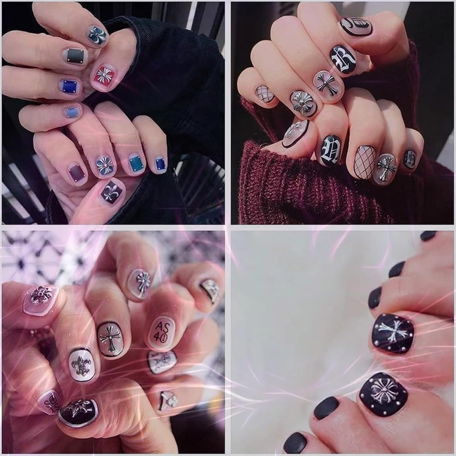 80Pcs Leeneen Silver Metal Cross Nail Charms for Nails Design,Y2K 3D Chrome Nails Art,Vintage Alloy Cross Heart Skull Acrylic Charm for Women, Halloween Nail Supplies (L1)