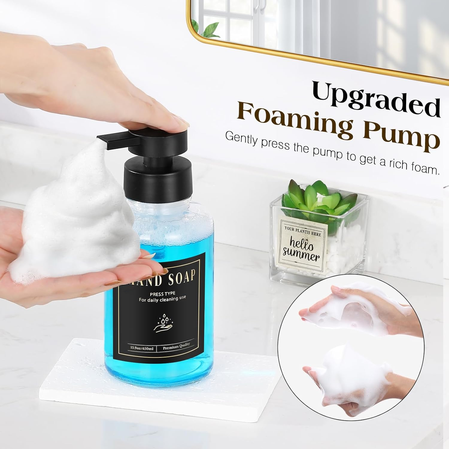 Luxspire Foaming Soap Dispenser, Glass Foam Pump Soap Dispenser, Non-Slip Hand Soap Dispenser with 5 Waterproof Labels, 15 Oz Refillable Liquid Soap Dispenser for Bathroom & Kitchen, Clear, 1 Pack image number 1