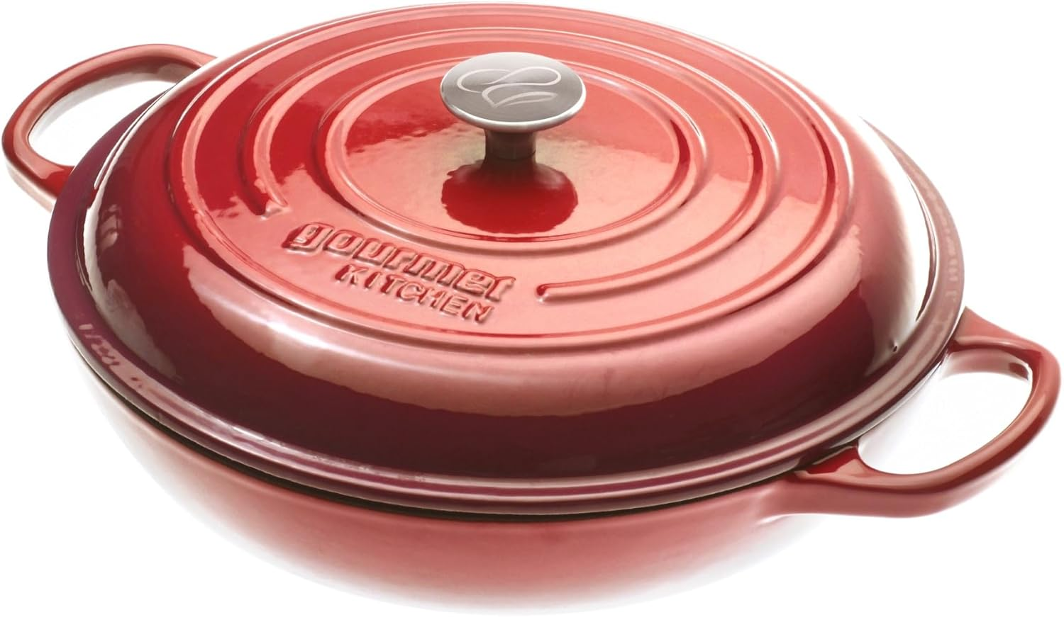 Gourmet Kitchen Cast Iron Shallow Casserole Dish with Lid Heat Resistant Knob Enamel Processing Oven Safe Dutch Oven Cookware High-Quality Non Stick Casserole 30Cm - Black Cherry Red - Eden Green image number 7