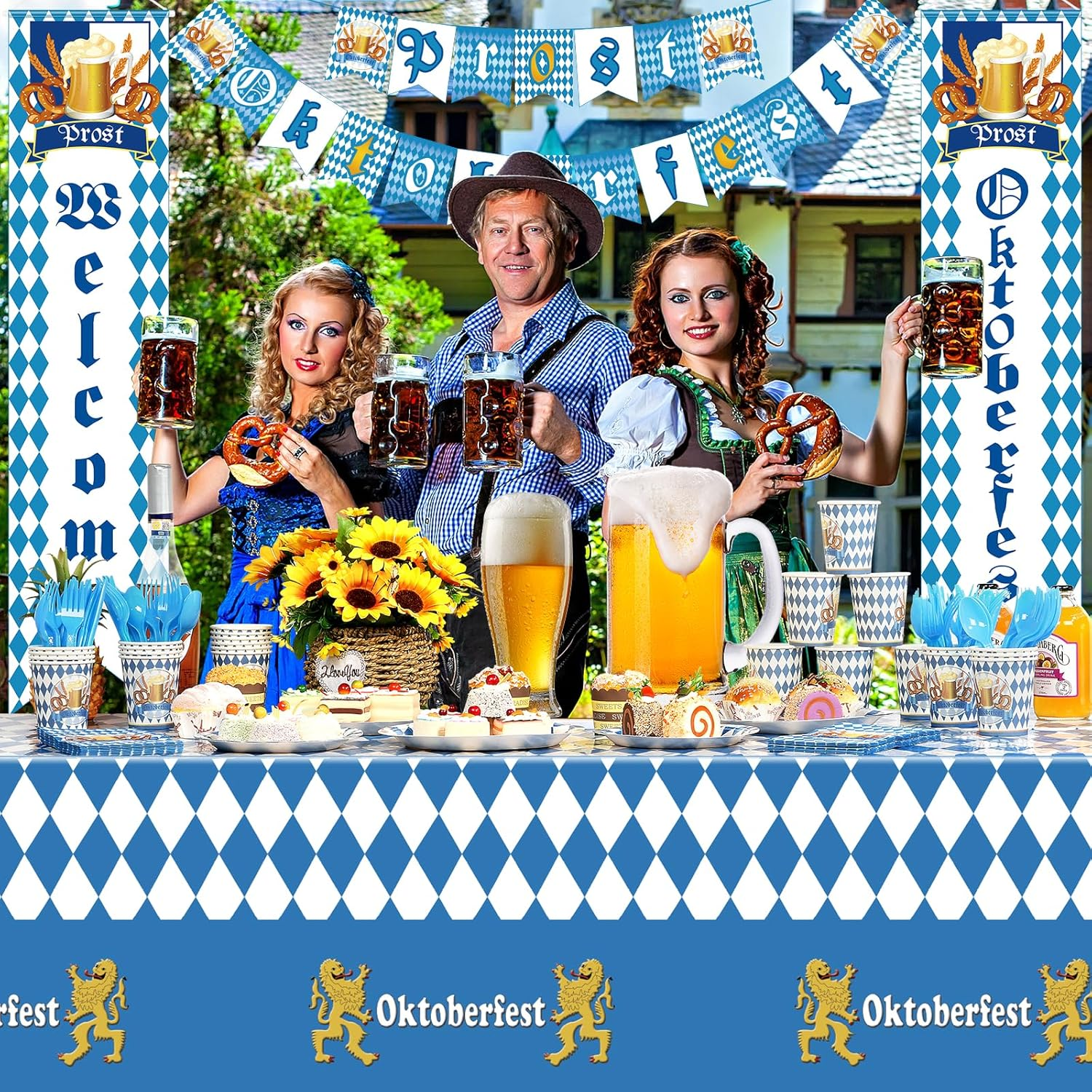 Ragnhild Oktoberfest Party Supplies Decorations, Blue & White Checkered Flag Tablecloth, Banner, Plates, Napkins, Cutlery Set for Oktoberfest Festival image number 2
