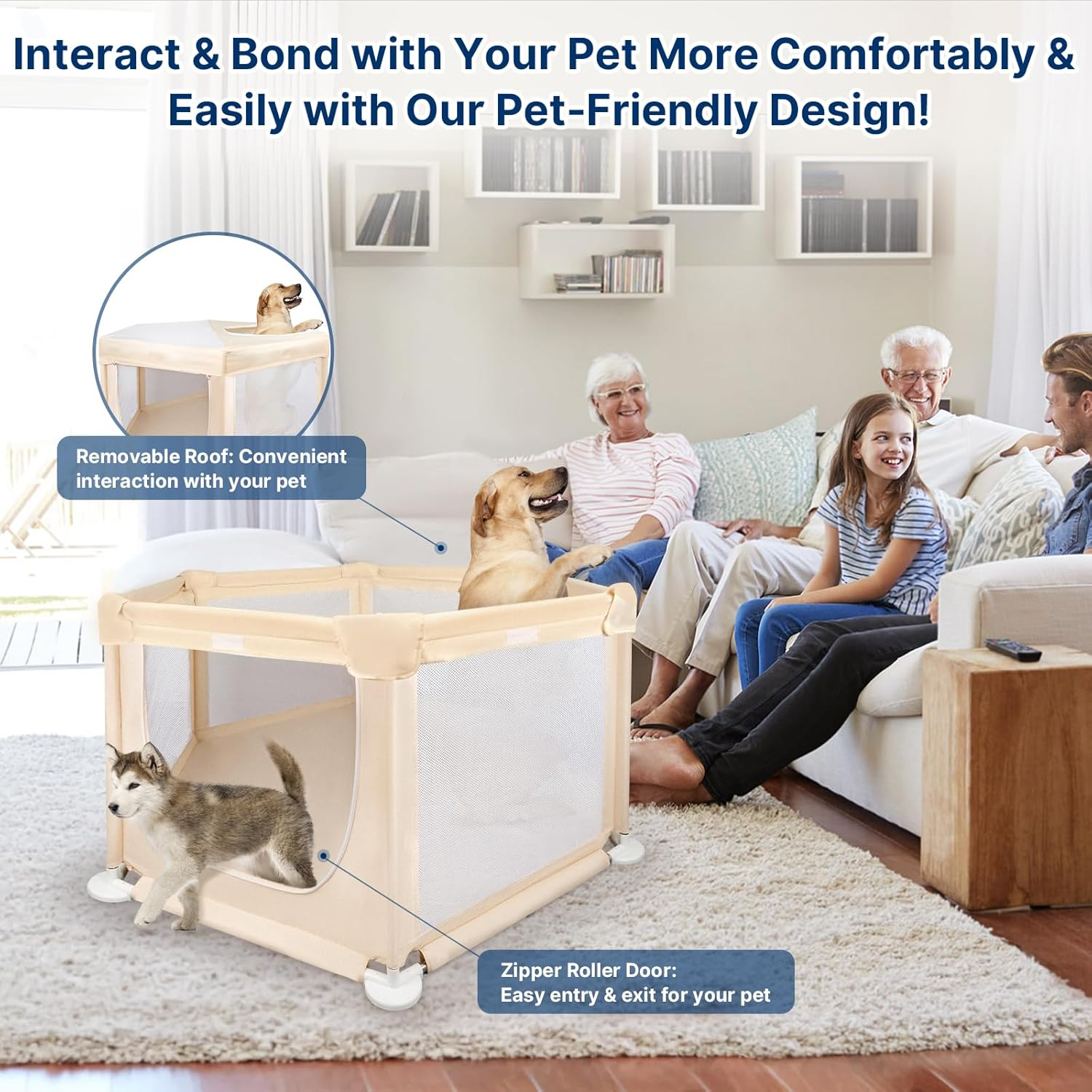 58"X58"X30" Large Dog Playpen Indoor, Extra Tall Puppy Playpen with Removable Roof, Sturdy Fabric Mesh Dog Pen for Medium to Large Pets, Spacious Hexagonal Pet Playpen Indoor for Comfort & Security image number 1