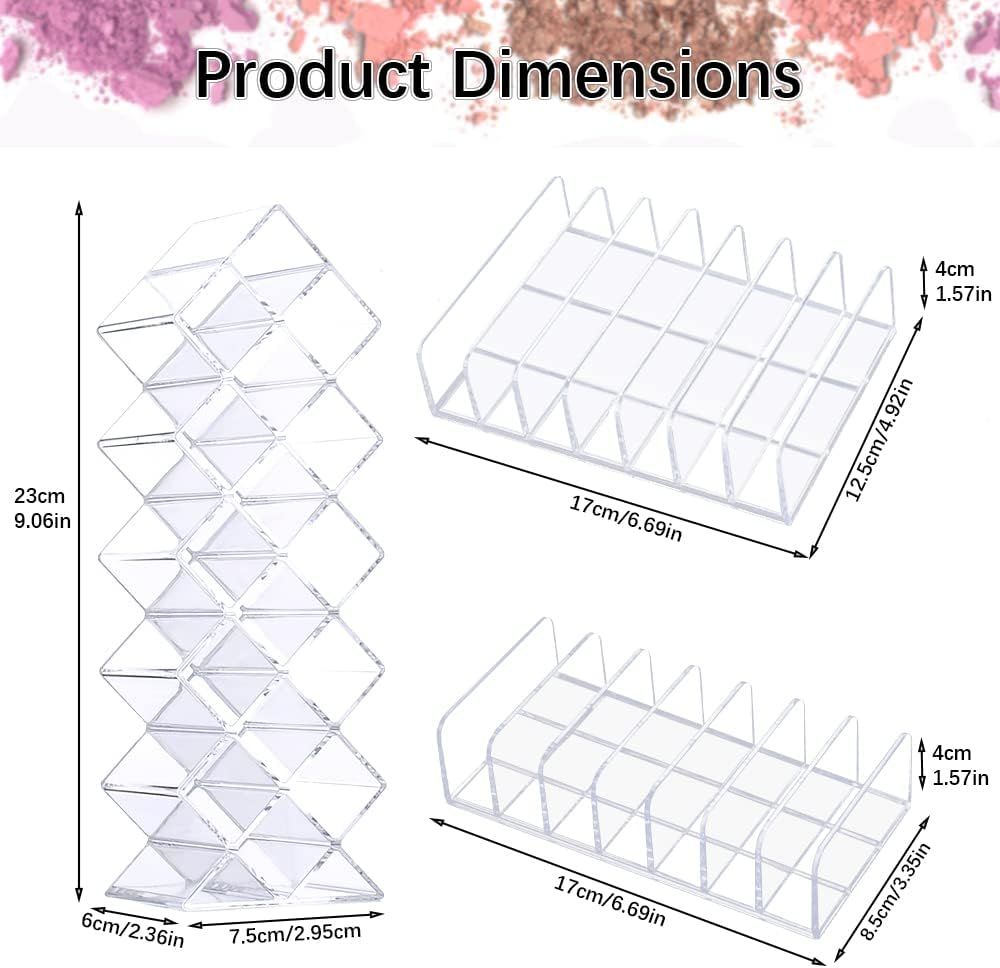 3Pcs Eyeshadow Palette Organizer, FHDUSRYO 7 Section Makeup Palette Organizer, 2 Acrylic Palette Organizer with 1 Lipstick Holder, Clear Palettes Storage Holder for Cosmetics Blush, Bathroom Vanity