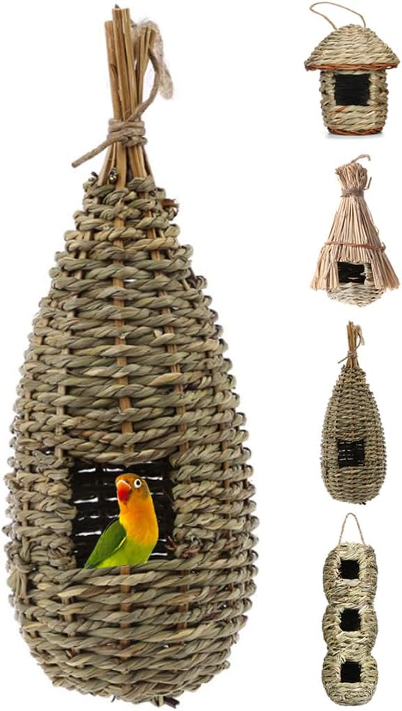 Qttie Hand-Woven Teardrop Shaped Eco-Friendly Birds Cages Nest Roosting,Grass Bird Hut,Hanging Bird House,Cozy Resting Place,100% Natural Fiber,Provides Shelter from Cold Weather (Treehouse Shape)