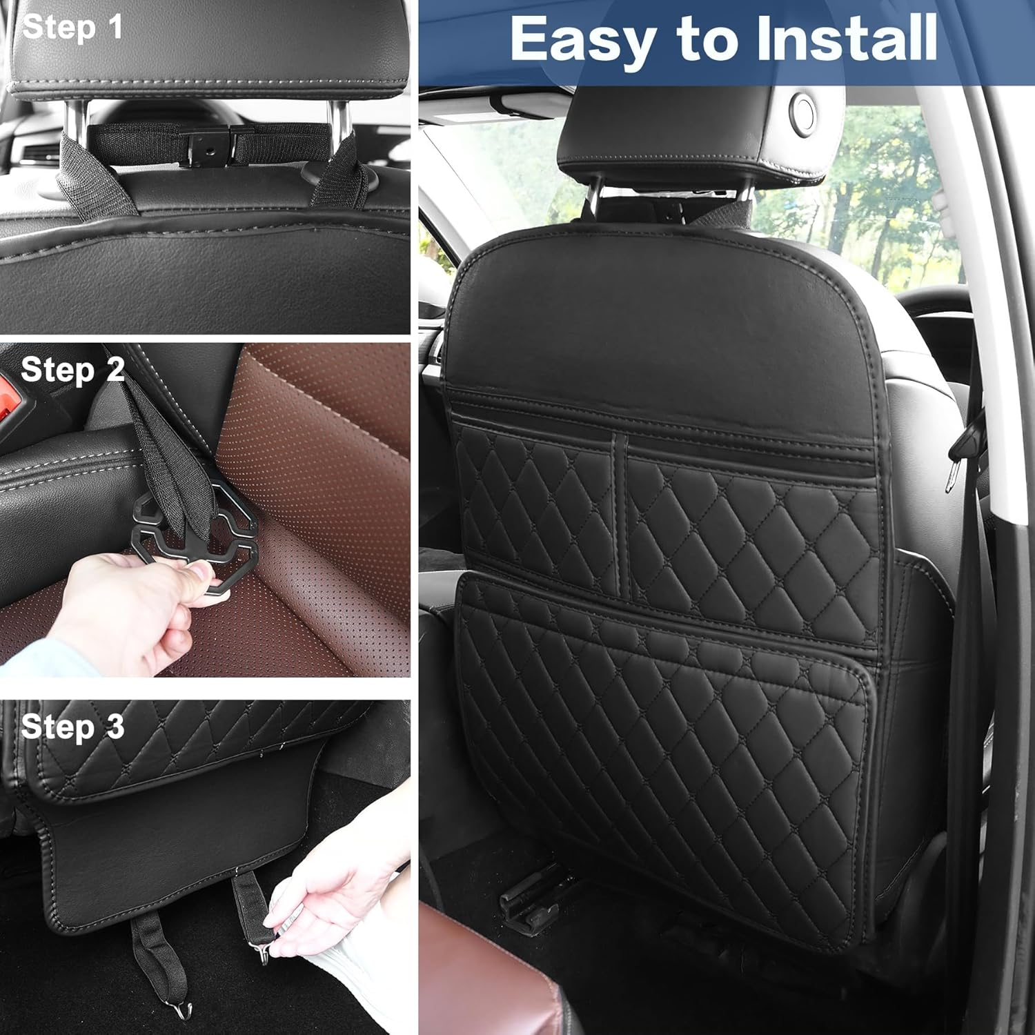 Car Backseat Organizer, Auto Seat Protector Kick Mat for Child Kids, Universal Leather Seat Back Cover with 3 Storage Pockets, Waterproof Anti-Fouling Seats Protection Accessories for Car SUV Truck image number 4