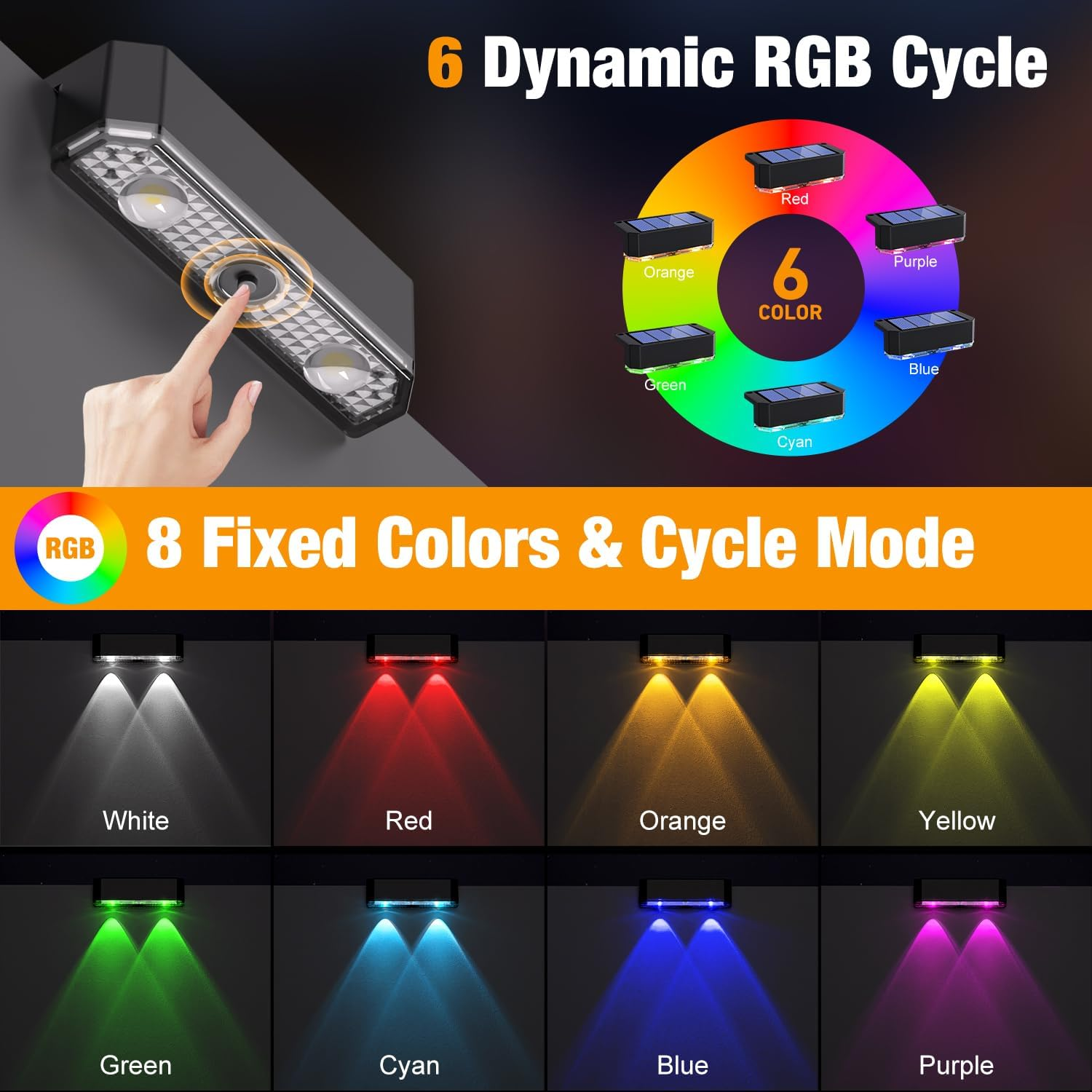 Peasur Pack of 8 RGB Solar Lights for Outdoors, Solar Fence Lights, Outdoor Light, Waterproof Solar Light Fence, Solar Wall Light Outdoor for Steps, Patio, Stairs, Balcony image number 2