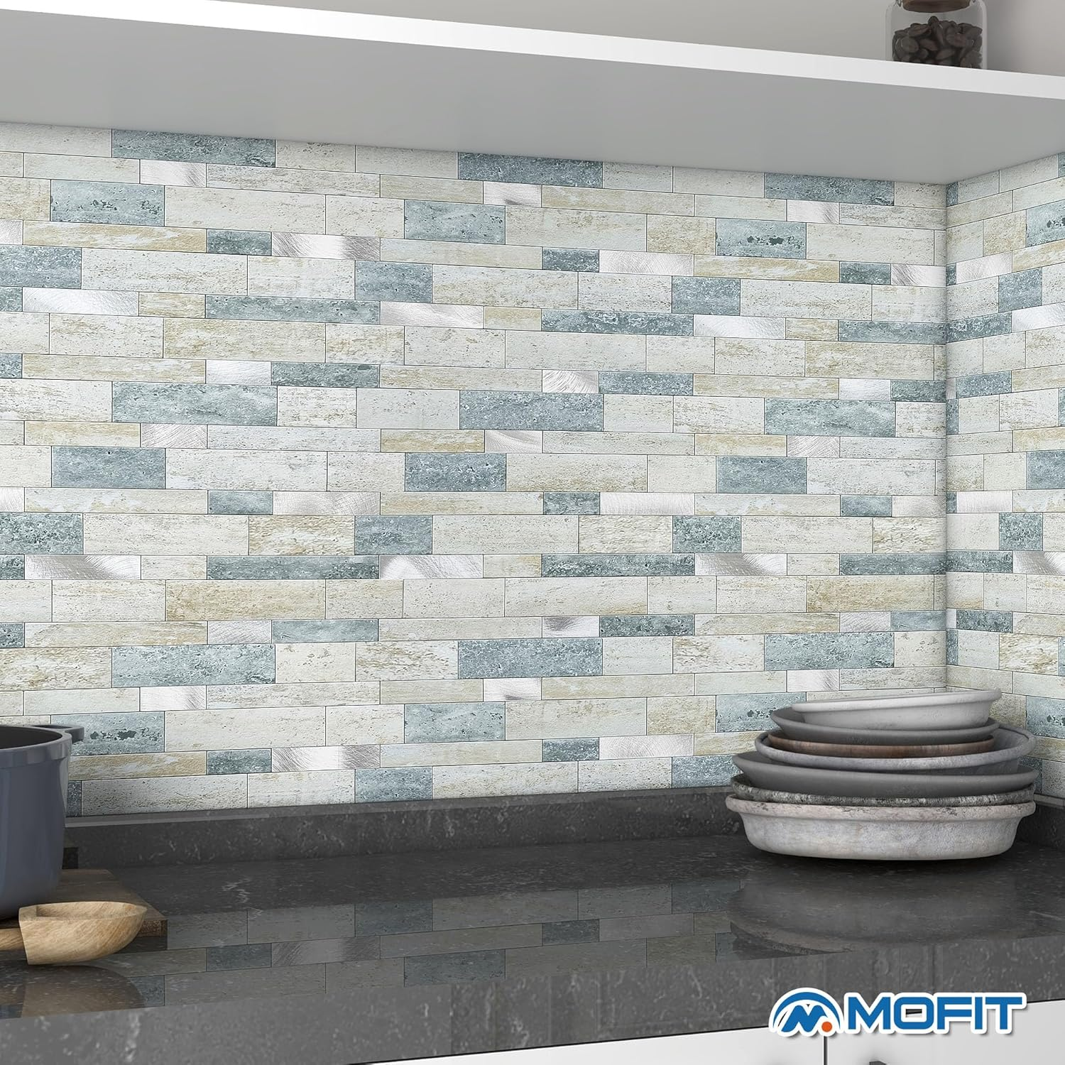 M MOFIT Backsplash Tile for Kitchen Peel and Stick Stone Matte Finish,Bathroom Tiles Stickers 3D Wall Panel Linear Mosaic Marble Backsplash Waterproof(10Sheets,Blue Green Gray) image number 5