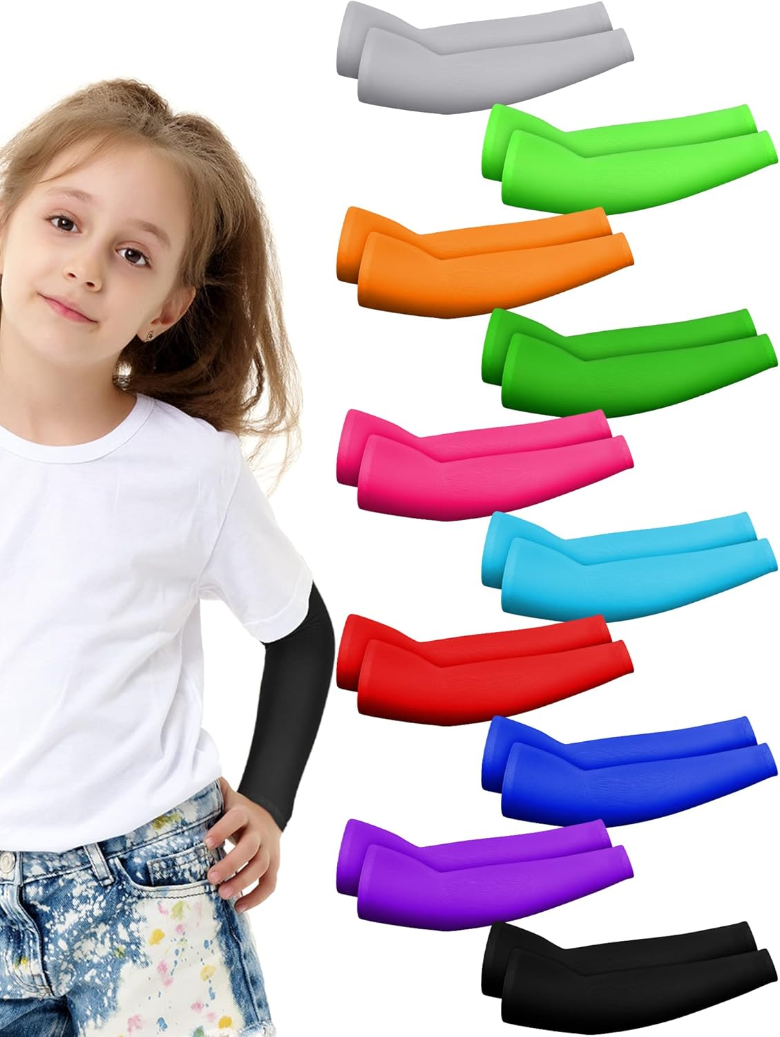 Xuhal 10 Pairs Arm Sleeves for Kids Arm Compression Sleeves Baseball Sleeve UV Sun Protection Cooling Sleeves - Cute Color image number 4