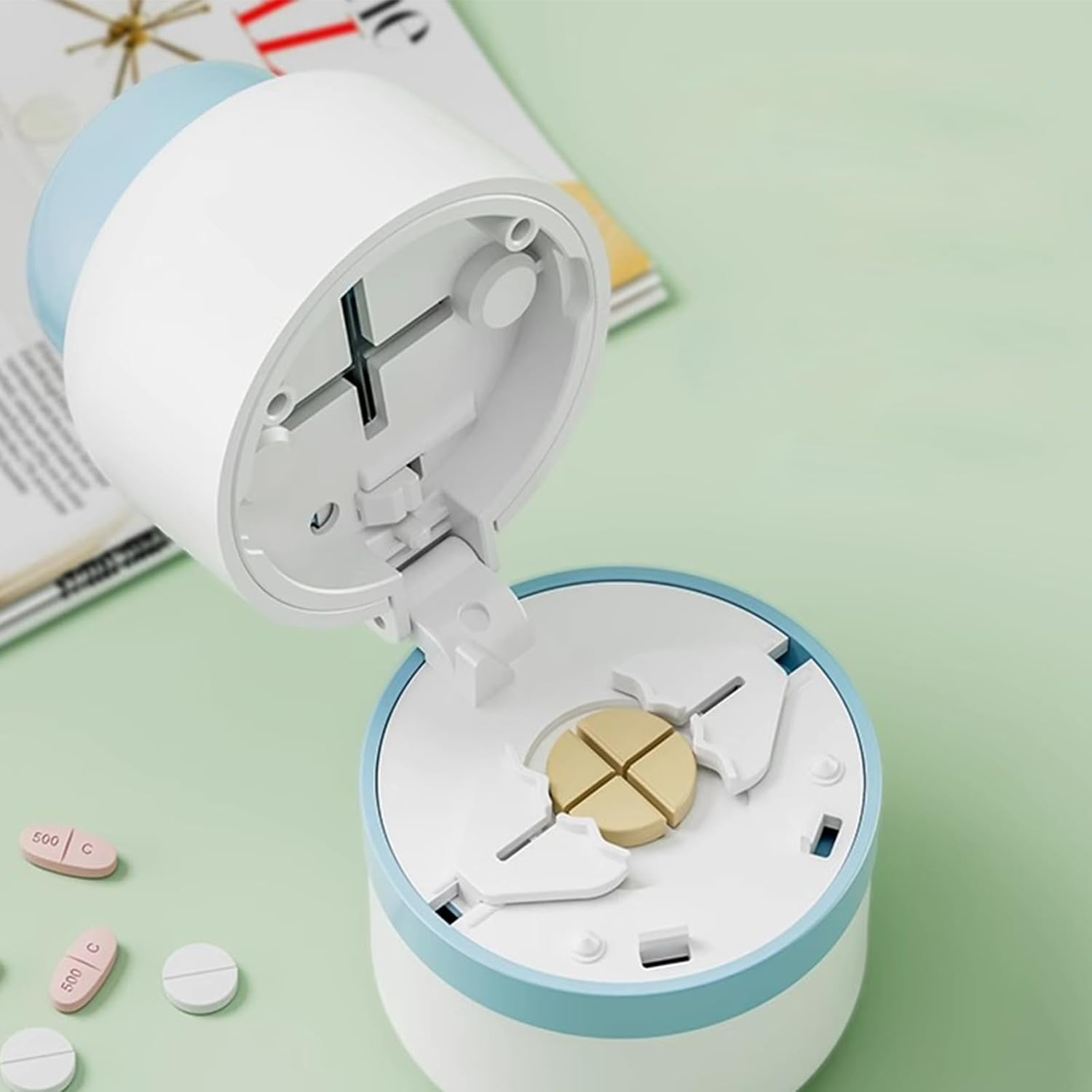 4 Functions Pill Cutter with Stainless Steel Blade Portable Pill Crusher Compact Pill Organizer for Small and Tiny Pills (Blove)