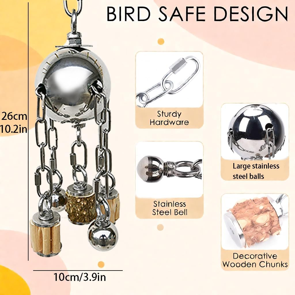 Large Bird Toys, Natural Wooden and 304 Stainless Steel Bell Toy for Parrots, Birds Cage Toy for Amazon Parrot, African Greys, Budgies, Lovebirds, Cockatiels,Cockatoo image number 5