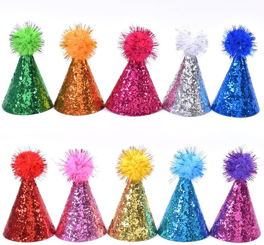 Cute Puppy Hat with Pompoms, 10Pcs Multi-Color Puppy Birthday Hat Dog Party Cap with Pom Poms Glitter,Colorful Cat Birthday Cute Dog Party Hats Glitter Hats with Pompoms image number 4