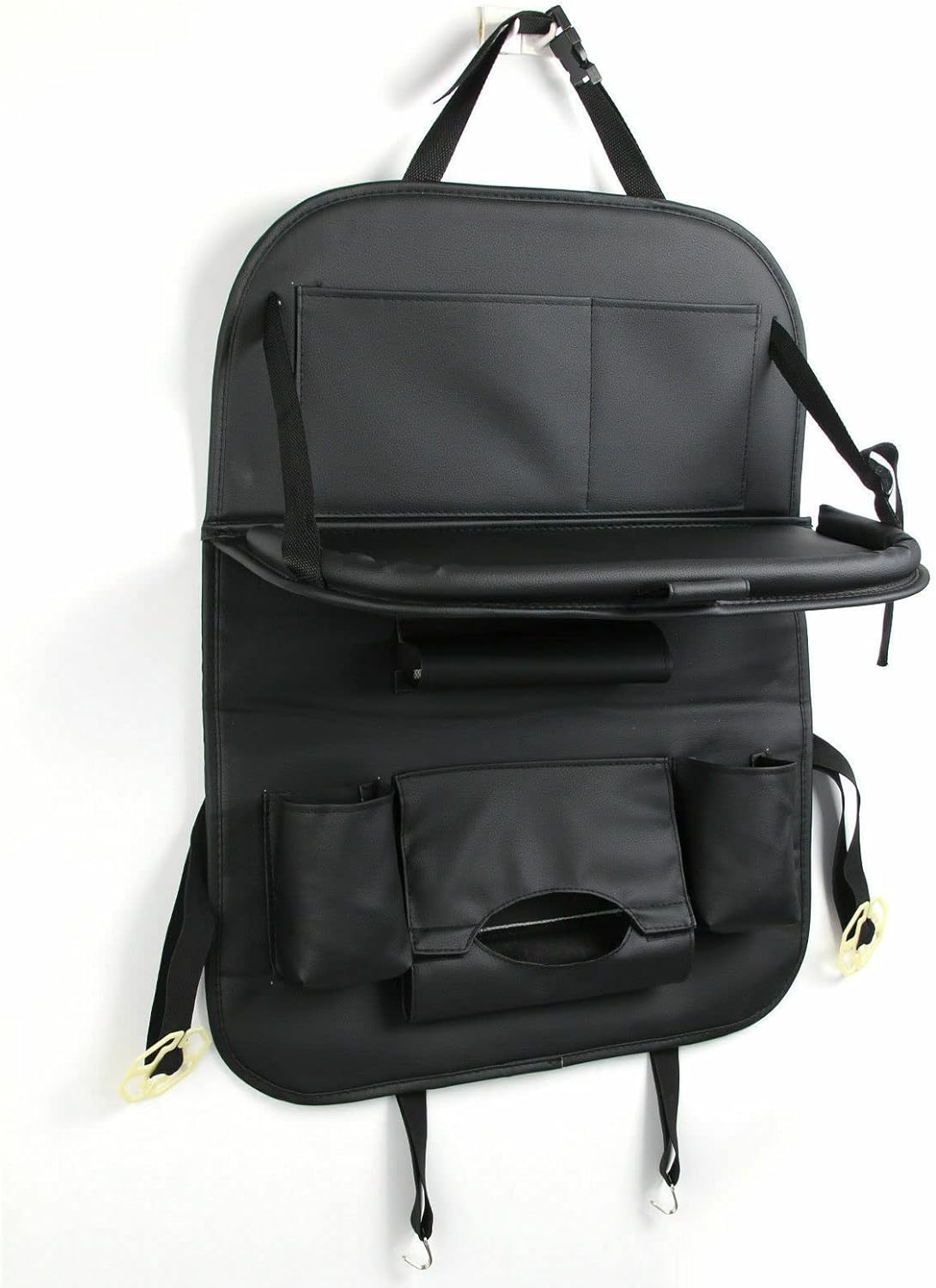 LEDON Foldable Car Back Seat Organiser Leather Storage Bag Table Tray Cup Holder Universal Auto Storage for Phones, Tablets, Water Bottles