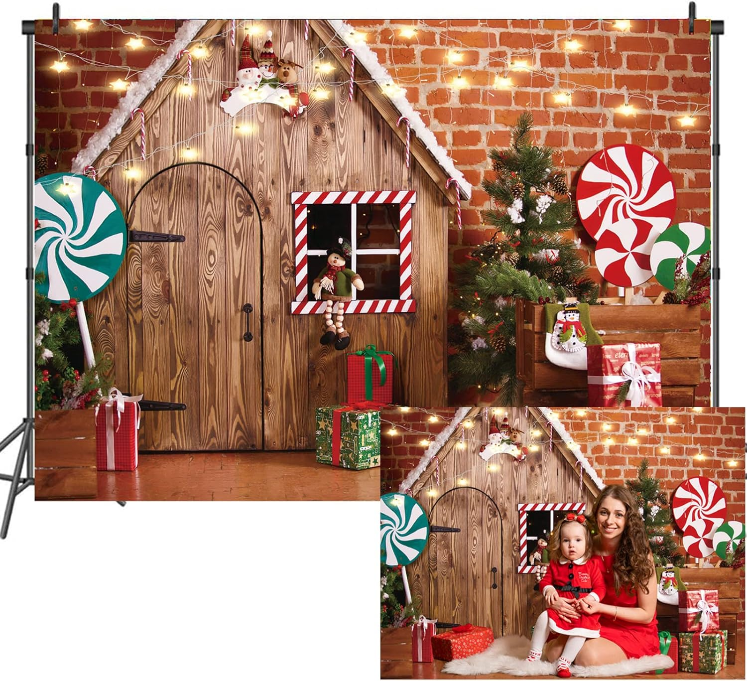 LTLYH 8X6Ft Christmas Fabric Photography Backdrop Gingerbread House Candy Tree and Gifts for Kids Portrait Photo Studio Booth Photographer Props 119 image number 5