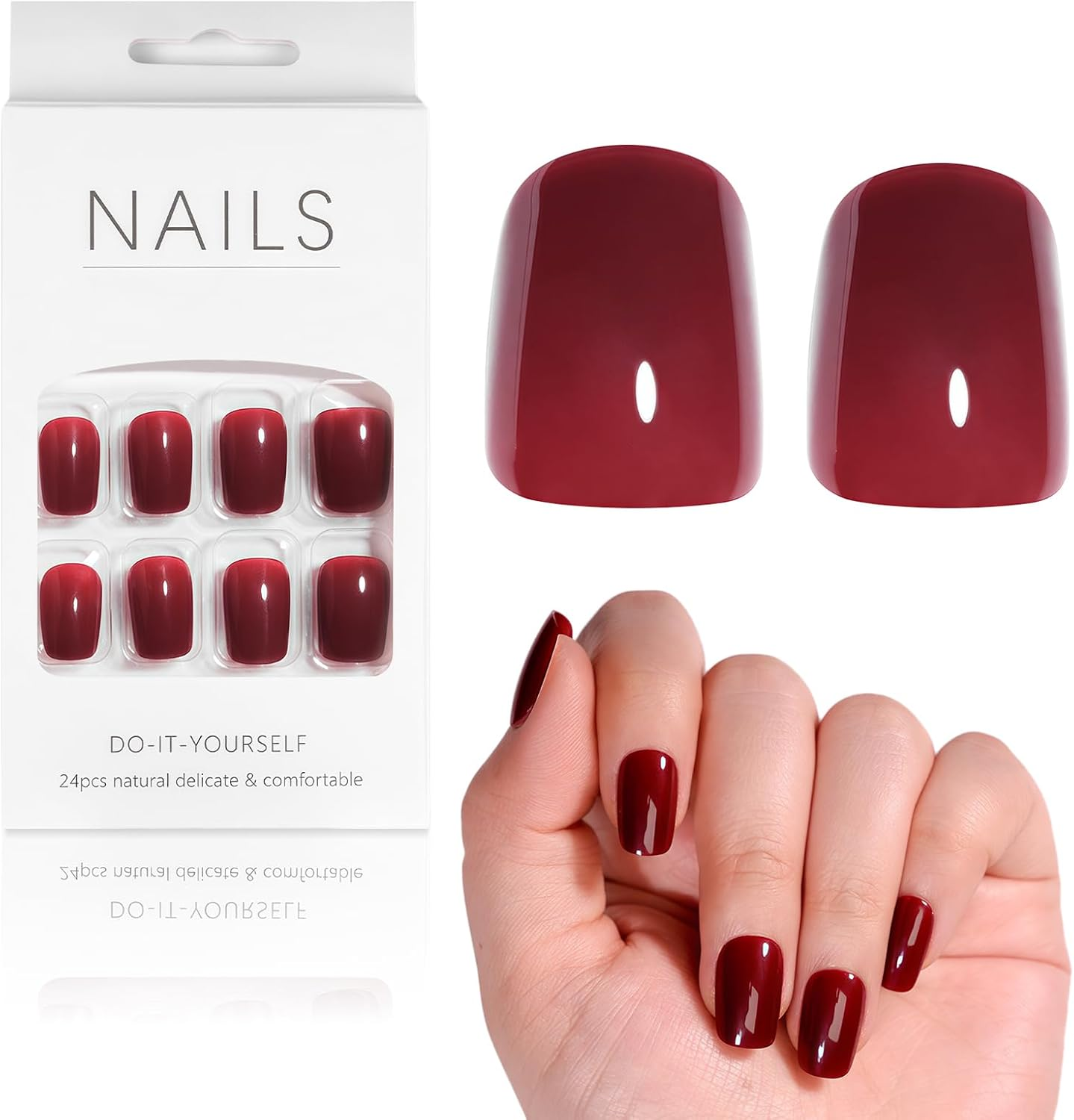 Press on Nails,24Pcs French Tip False Nails Pink False Nails Glossy Square Fake Nails Reusable & Acrylic,3D Pink