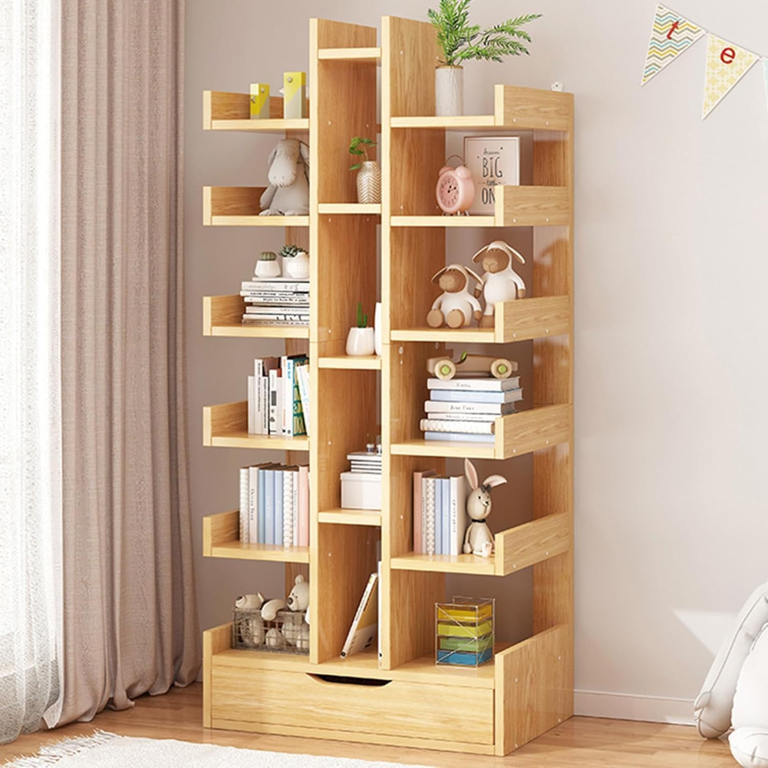 Uandhome 10-Tier Tree Bookshelf,15 Home Shelf Corner Wall Shelves Cabinet Bookcases Storage Rack,Modern Floor Standing Bookcase,Free Standing Tree Bookcase for Bedroom,Living Room,Office (15 Pcs Wood) - 10 Pcs Walnut image number 6