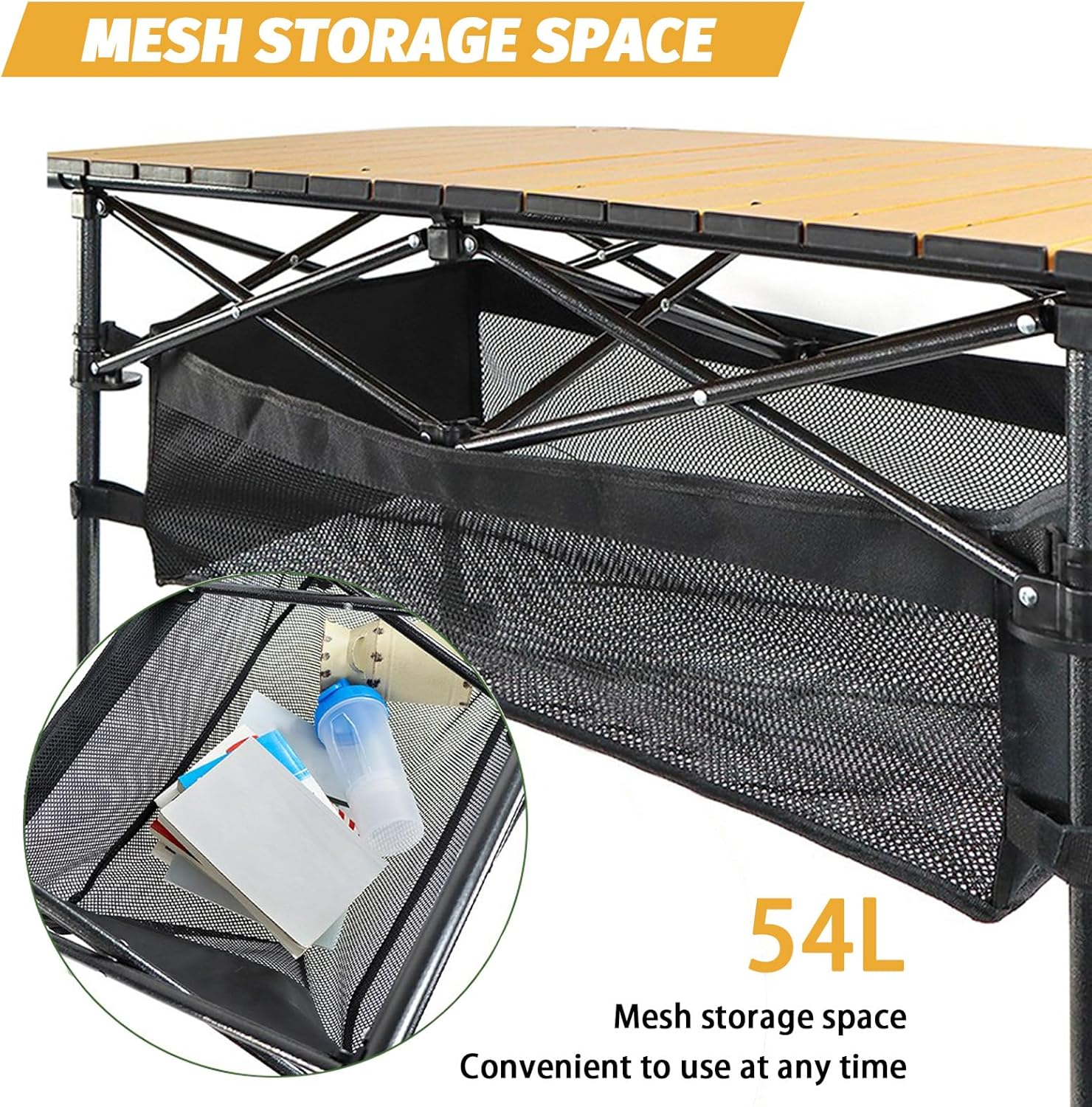 Eqiech Folding Camping Table,Portable Picnic Table,Adjustable Height,Outdoor Egg Roll Table with Storage Basket,Carbon Steel Material,Lightweight,For Hiking,Fishing,Camp,Beach（120 * 55 * 80Cm）