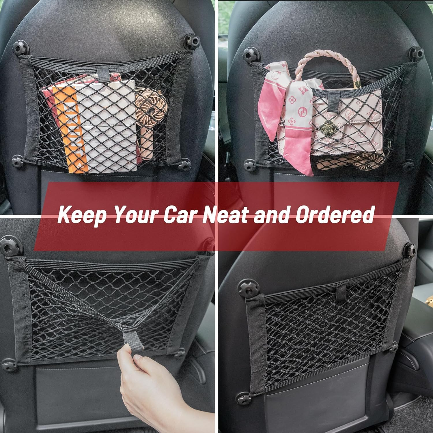 RED Wolf 2 Layer Small Mesh Cargo Net Elastic Storage Netting 2 Pcs Stretchable Car Organizer Net 14&times;10 Inch for Trunk RV Boats Home Auto Cargo Net Pocket with Screws and Hooks image number 3