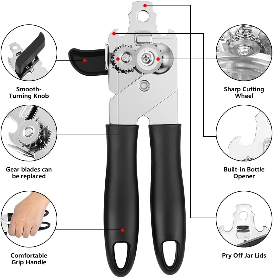 Vsshe Can Opener Manual, Stainless Steel Can Opener, Comfortable Grip, Non-Slip, with Multifunctional Bottle Openers Comes Soft Grip Sharp Cutting Blade, Arthritis-Friendly, for Seniors, Work, Kitchen image number 5