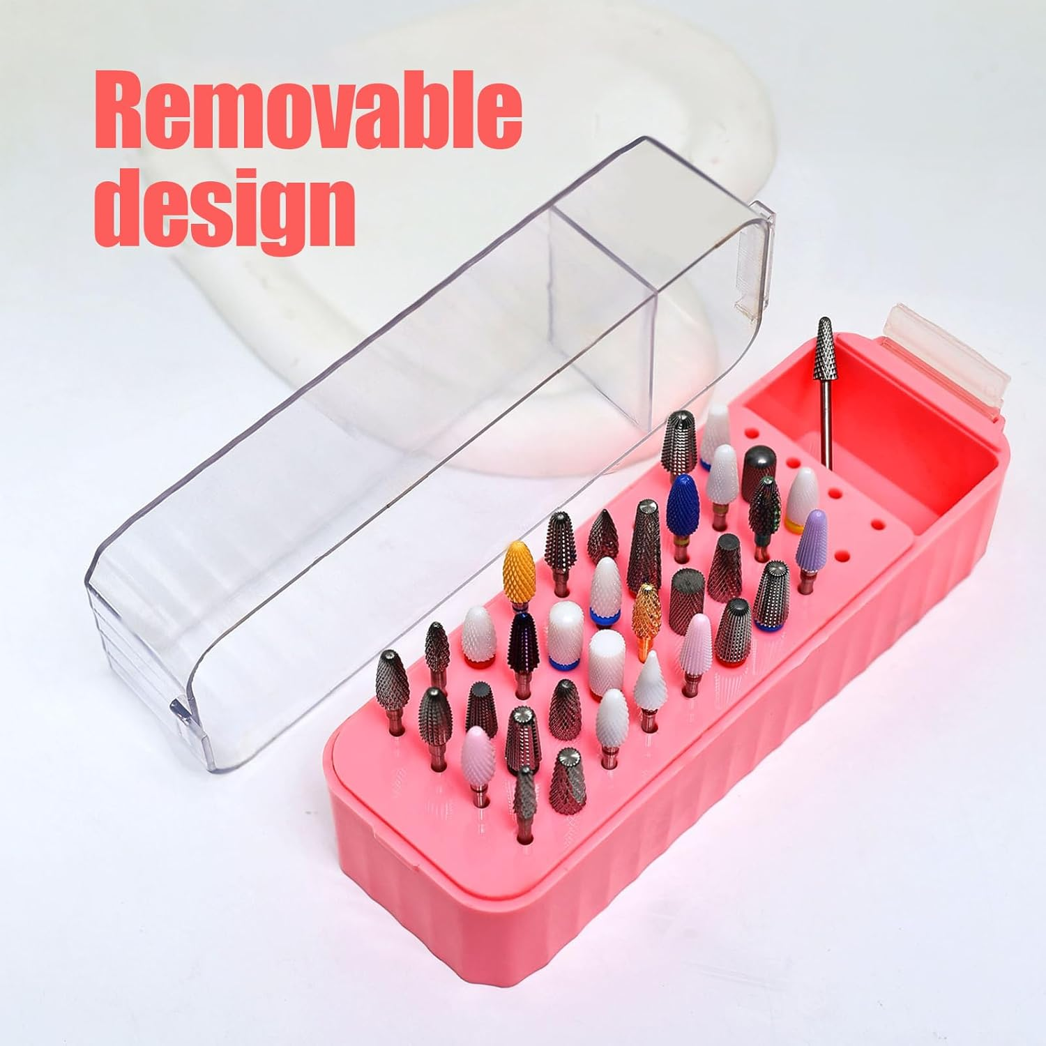 Nail Bit Holder, Drill Bit Organizer, Manicure Storage Case, 40 Hole Compact Design with Transparent Dustproof Lid, Ideal for Gel Removal Pedicure Prep Cuticle Care or Home Stations - Pink image number 2