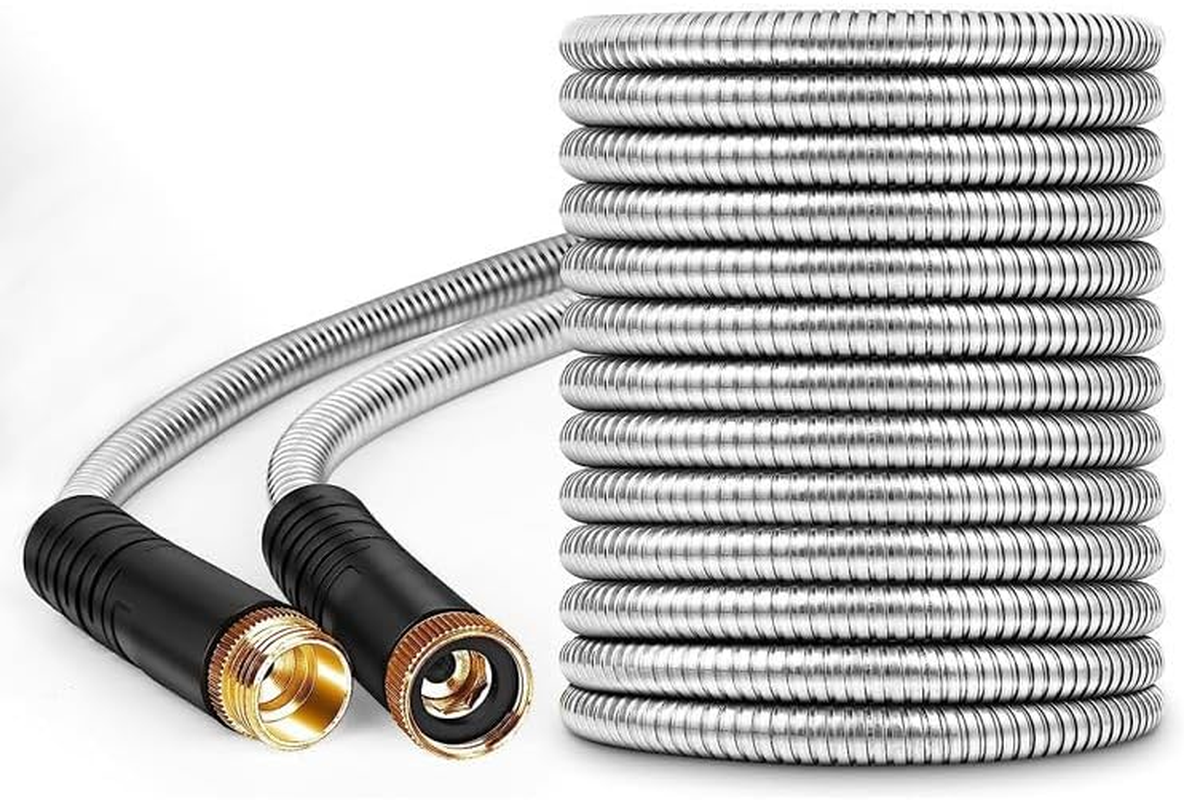 Garden Hose Metal 100FT, Stainless Steel Heavy Duty Water Hose with 10 Function Nozzle, No-Kink, Tough & Flexible, Sturdy and Lightweight, Rust Proof for Yard, Outdoor, RV