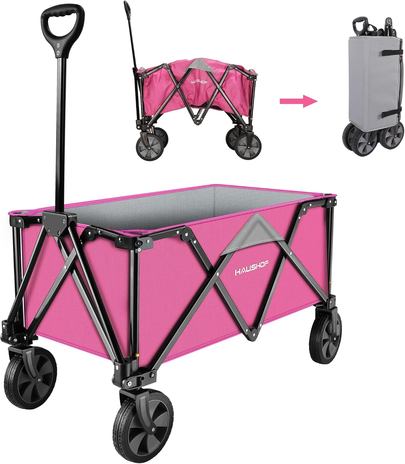 HAUSHOF Heavy Duty Collapsible Wagon, Folding Outdoor Utility Wagon, Camping Garden Beach Cart with Universal Quick Release Wheels, Adjustable Handle, 176 Lbs Load Capacity, Pink
