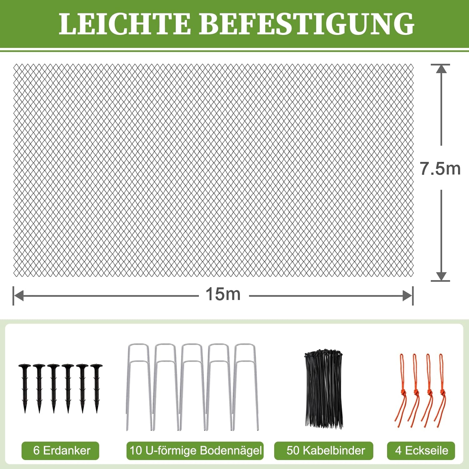 7.5 M X 15 M Bird Protection Net, Bird Net with 2.5 Cm Fine Mesh for Garden Net, Pond Net as Cat Net for Balcony, Uv-Resistant Fruit Tree Net, Leaf Net with 6 Ground Anchors image number 5