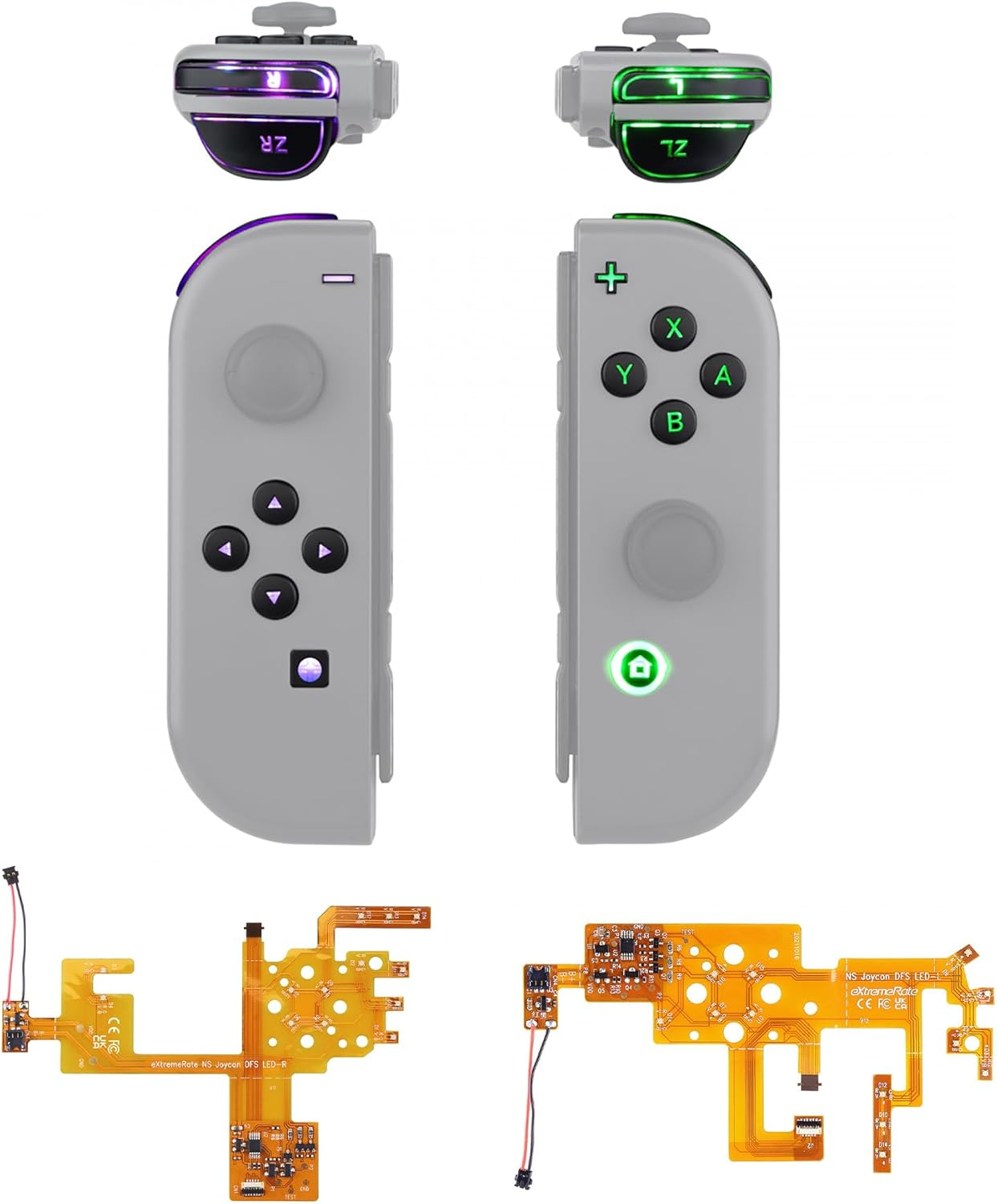 Extremerate 7 Colors 9 Modes NS Joycon DFS LED Kit, Multi-Colors Luminated Chrome Gold Classical Symbols ABXY Trigger Face Buttons for Nintendo Switch & Switch OLED Model Joy-Con - Joycon NOT Included