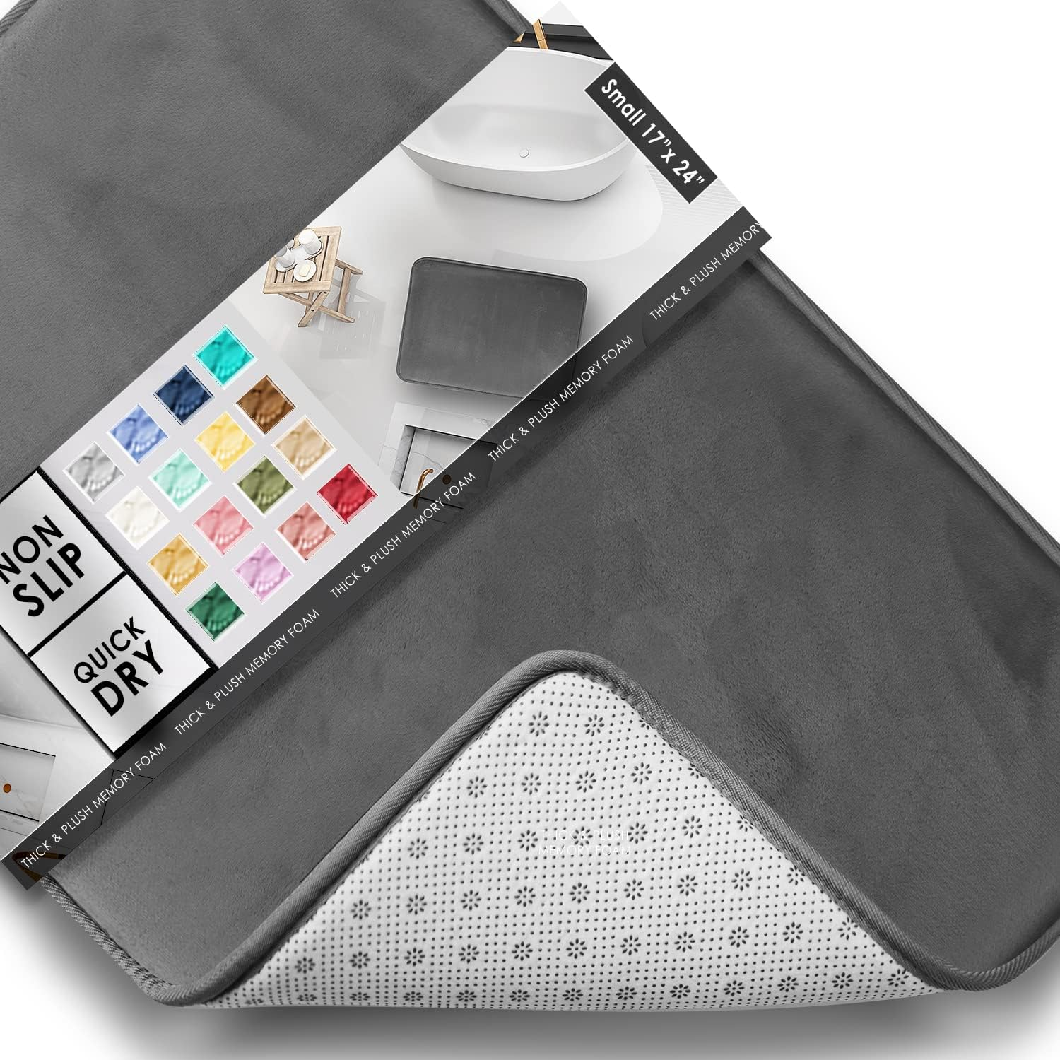 Clara Clark Bathroom Rugs, Velvet Memory Foam Bath Mat, Non-Slip, Machine Washable Bath Rugs - Dries Quickly, Ultra Soft Plush Bath Mats for Bathroom, 17 X 24, Grey