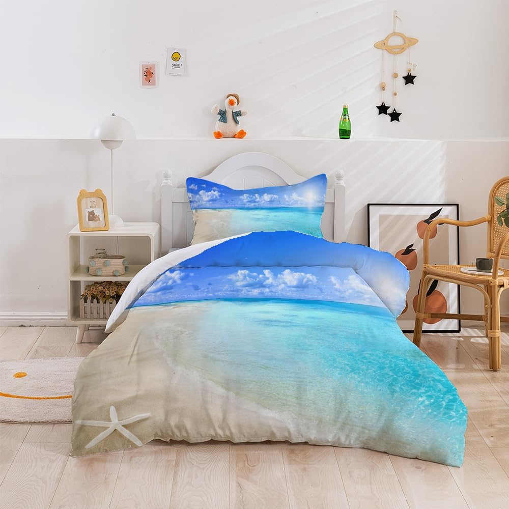 3D Blue Sea Beach Starfish Quilt Cover Set Bedding Set with Pillowcases, Single/Double/Queen/King Size (Double) image number 1