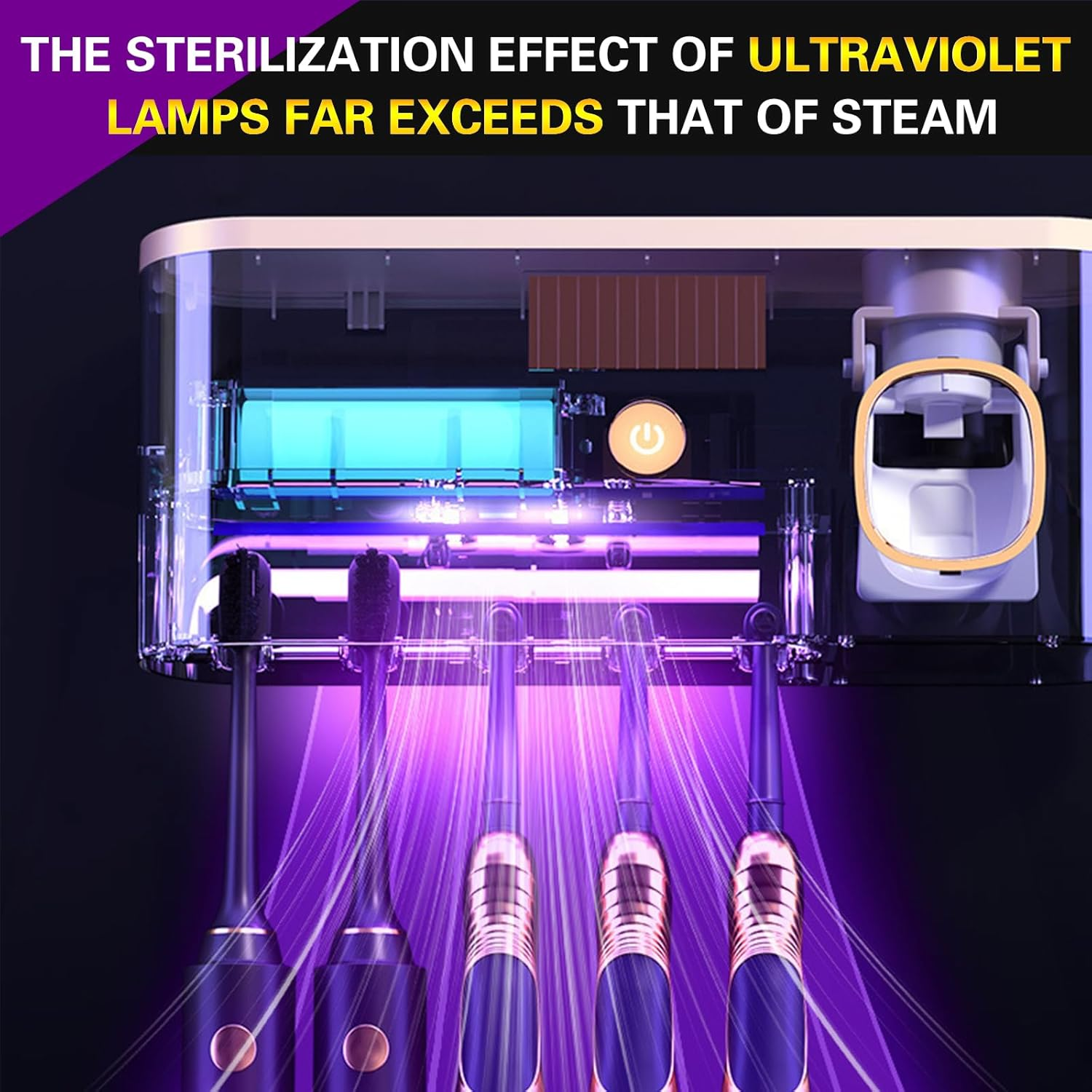 Toothbrush Cleaner & Holder, Wall Mounted Tooth Brushing Holder with Toothpaste Dispenser, Cleaning and Air Drying, Rechargeable UV Toothbrush Holder for Bathrooms