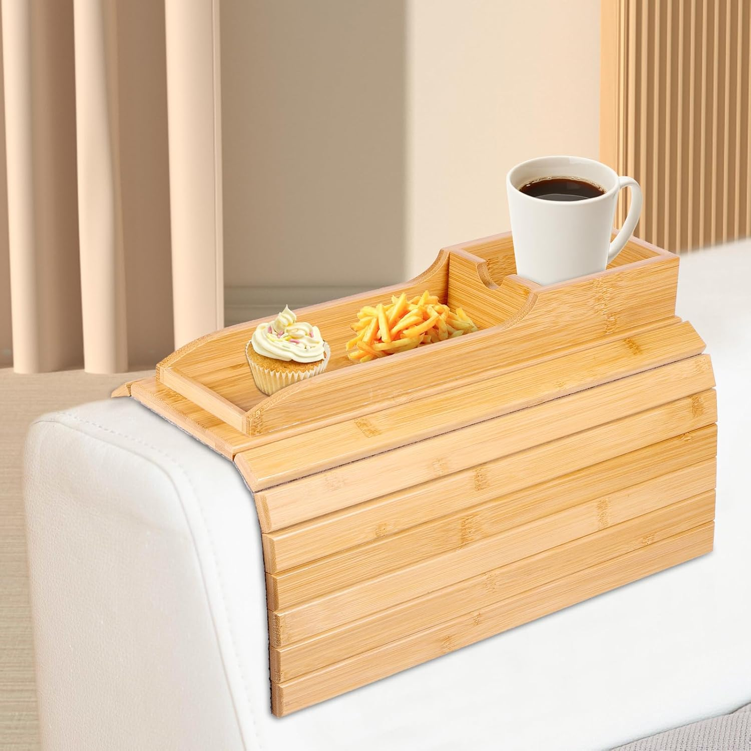 Bamboo Couch Cup Holder, Couch Tray & Cup Holder for Drink & Snack, Versatile Couch Drink Holder & Sofa Armrest Tray with Cup Holder, Protection Armrest Tray for Cups Snacks Remote Control image number 5