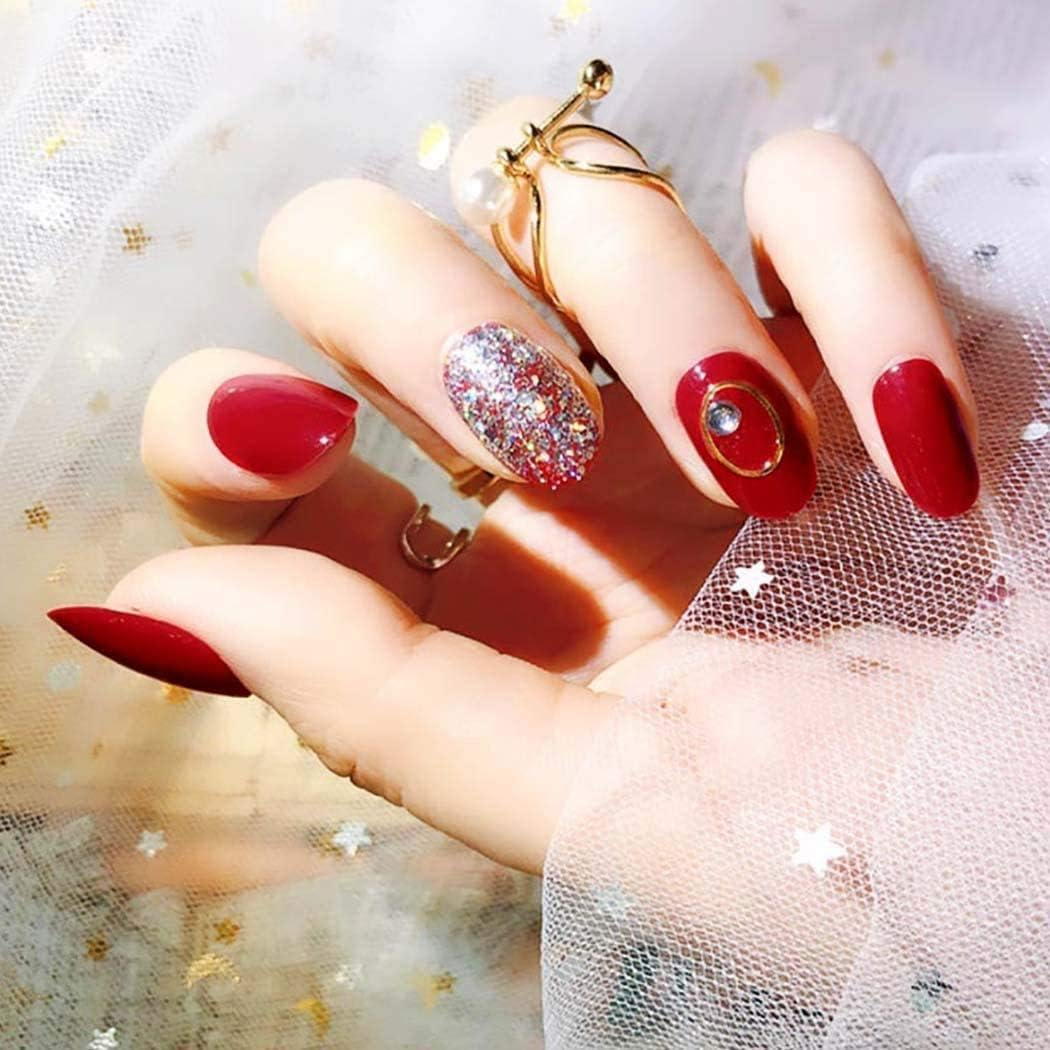 24 Pcs False Nails Full Cover Bridal Wedding Fake Nail Red Elegant for Women and Girls image number 3