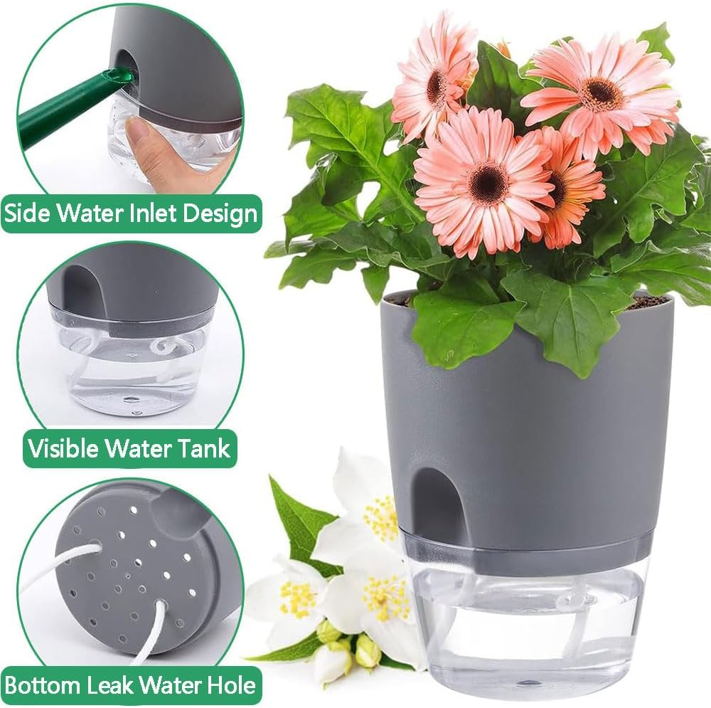 HYAVIA 3 Pcs Self Watering Plant Pots Indoor Planters , Plastic Pots for Succulents, Flowers, African Violets, Snake Plants (Grey) image number 2