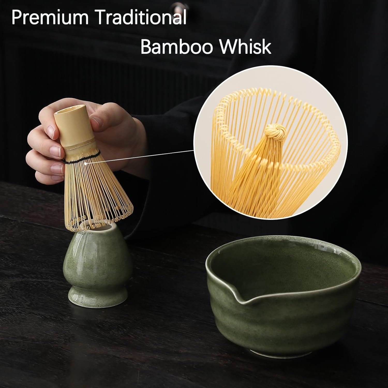 Matcha Set, Matcha Bowl with Spout, Matcha Whisk and Holder, Bamboo Matcha Scoop and Stainless Sifter - 5 Pcs Jade Green Matcha Set Kit for Matcha Lover image number 6
