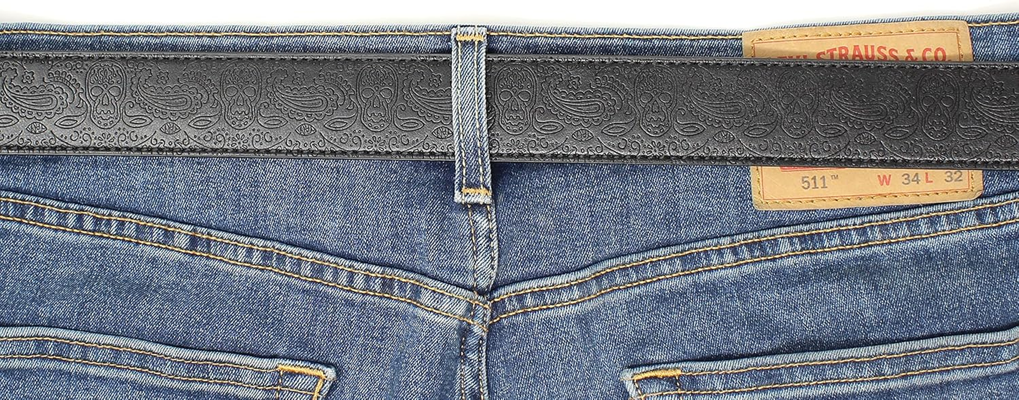 Leather Belt Strap with Western Skull and Paisley Embossed Pattern 1.5" Wide with Snaps image number 2