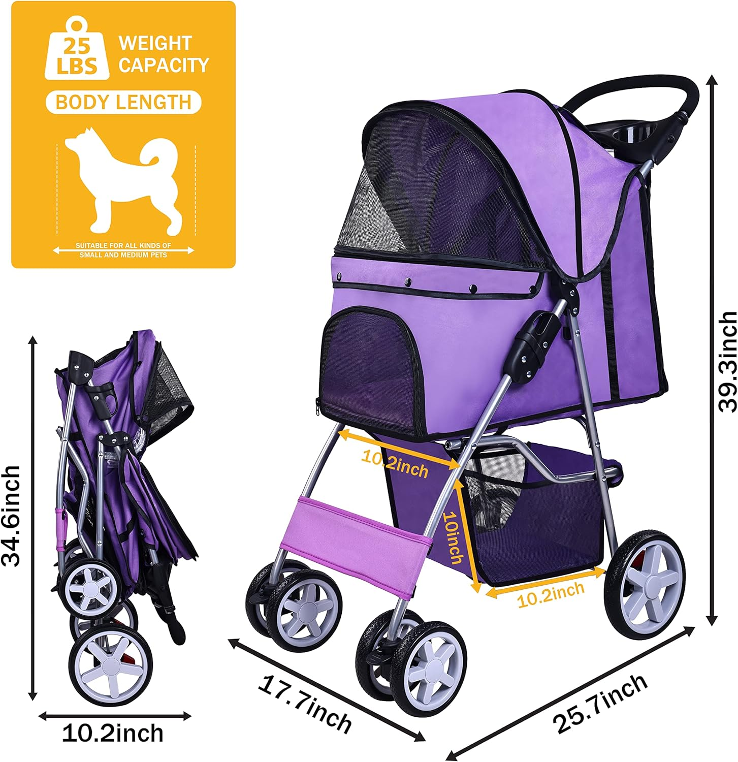 ELEVON Pet Stroller, 4 Wheels Multifunction Dog Cat Stroller, Folding Portable Travel Stroller with Detachable Carrier, Suitable for Medium Small Dogs Cats(Purple) image number 3