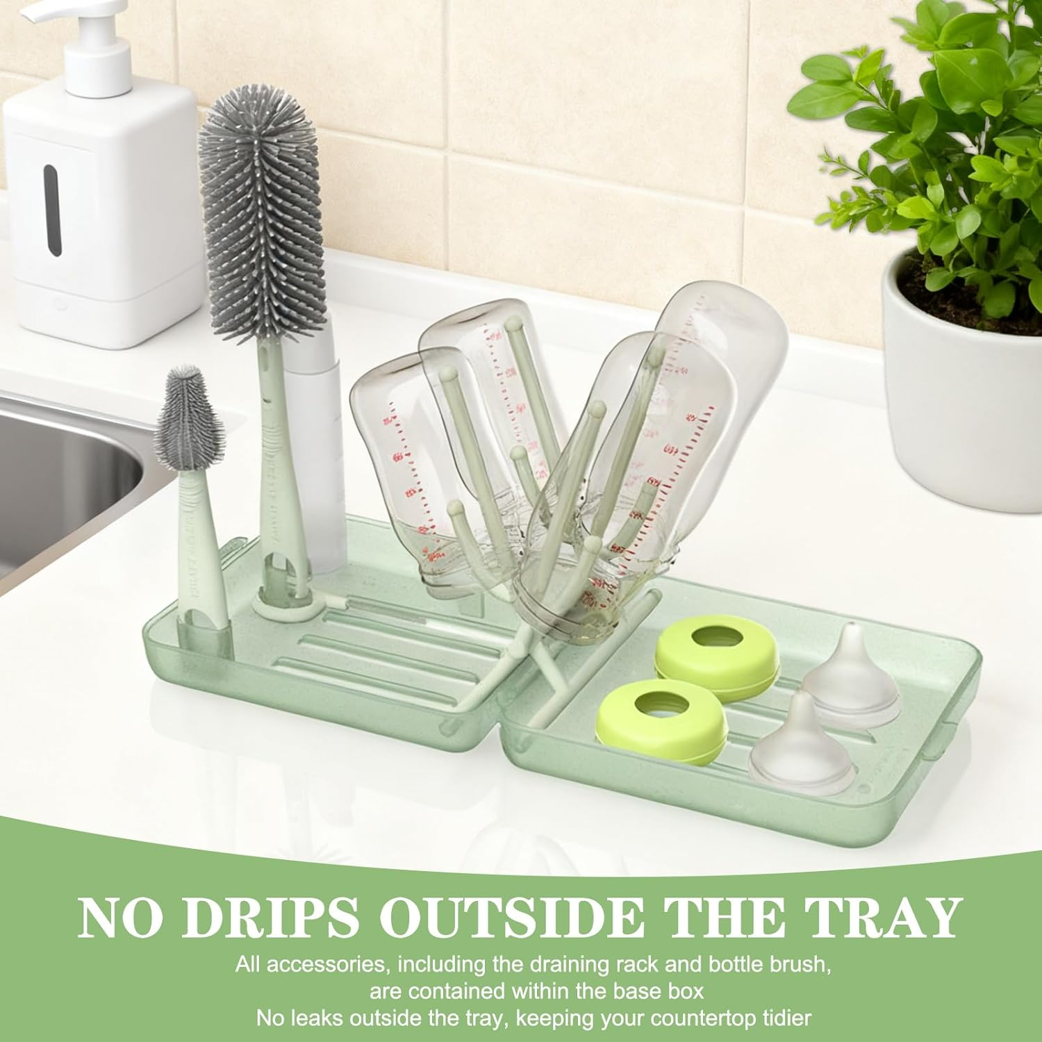 Bottle Brush Set -Baby Travel Essential-6 in 1 Bottle Cleaner Kit with Silicone Bottle Brush,Nipple Cleaner Brush,Straw Brush,Soap Dispenser,Storage Box,Bottle Drying Rack for Home and Travel(Green) image number 2