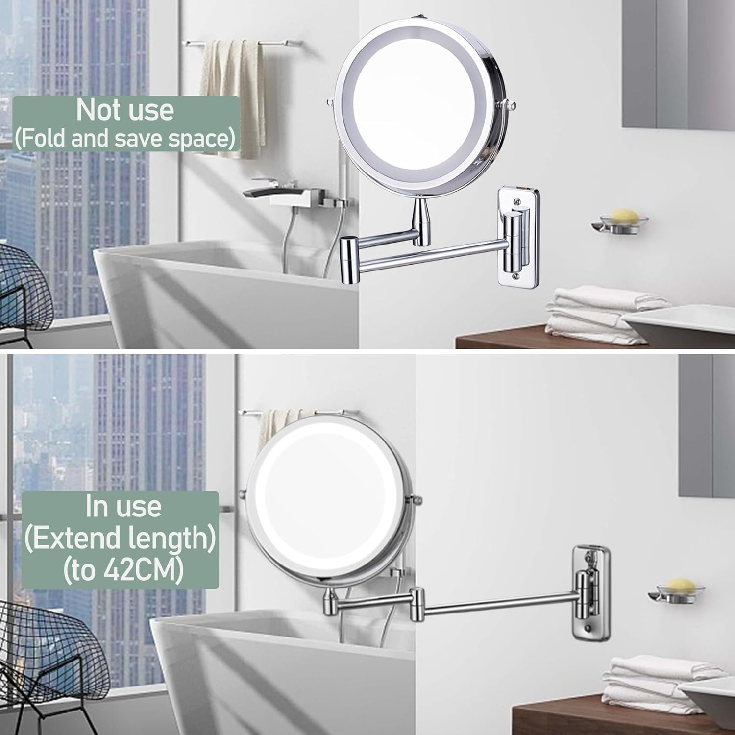 Wall Mounted Lighted Makeup Mirror, Double Sided Vanity Mirror with 1X 10X Magnifying Bathroom Mirror, 3 Color Lighting, Touch Screen Dimming, Extended Arm 360 Rotation Shaving Light up Mirror