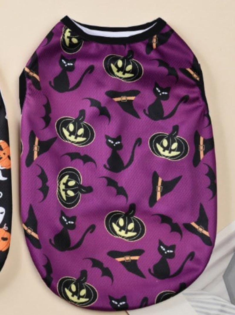 Halloween Dog Clothes Pumpkins Spider Web Bats Printed Dog Vest Cat Skin Friendly Fitted Outfits (Purple, XL) image number 3