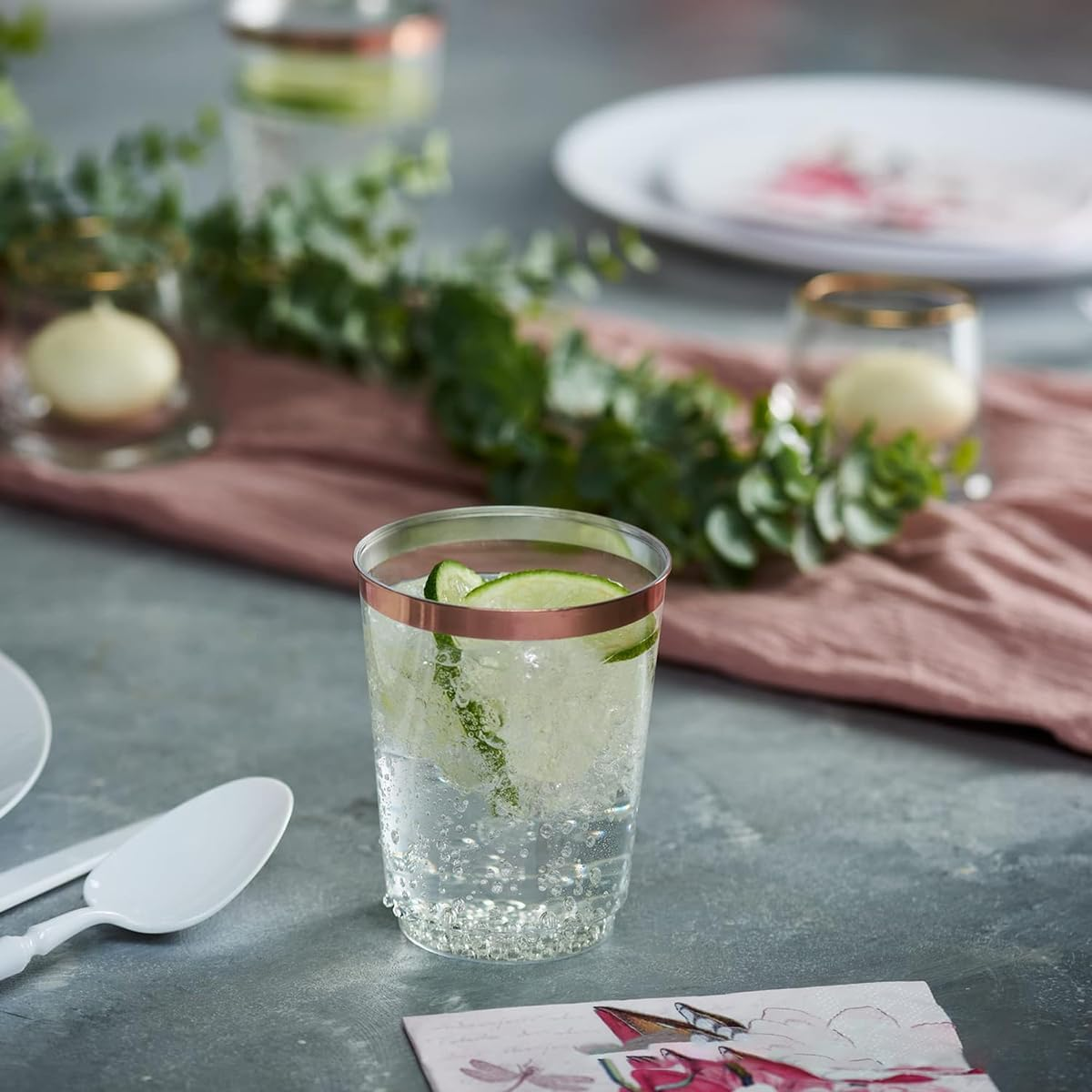 50 Pcs Plastic Tumbler Cups,10 OZ Clear Tumblers with Rose Gold Rim,Reusable Elegant Party Cups for Holiday Gathering & Parties image number 3