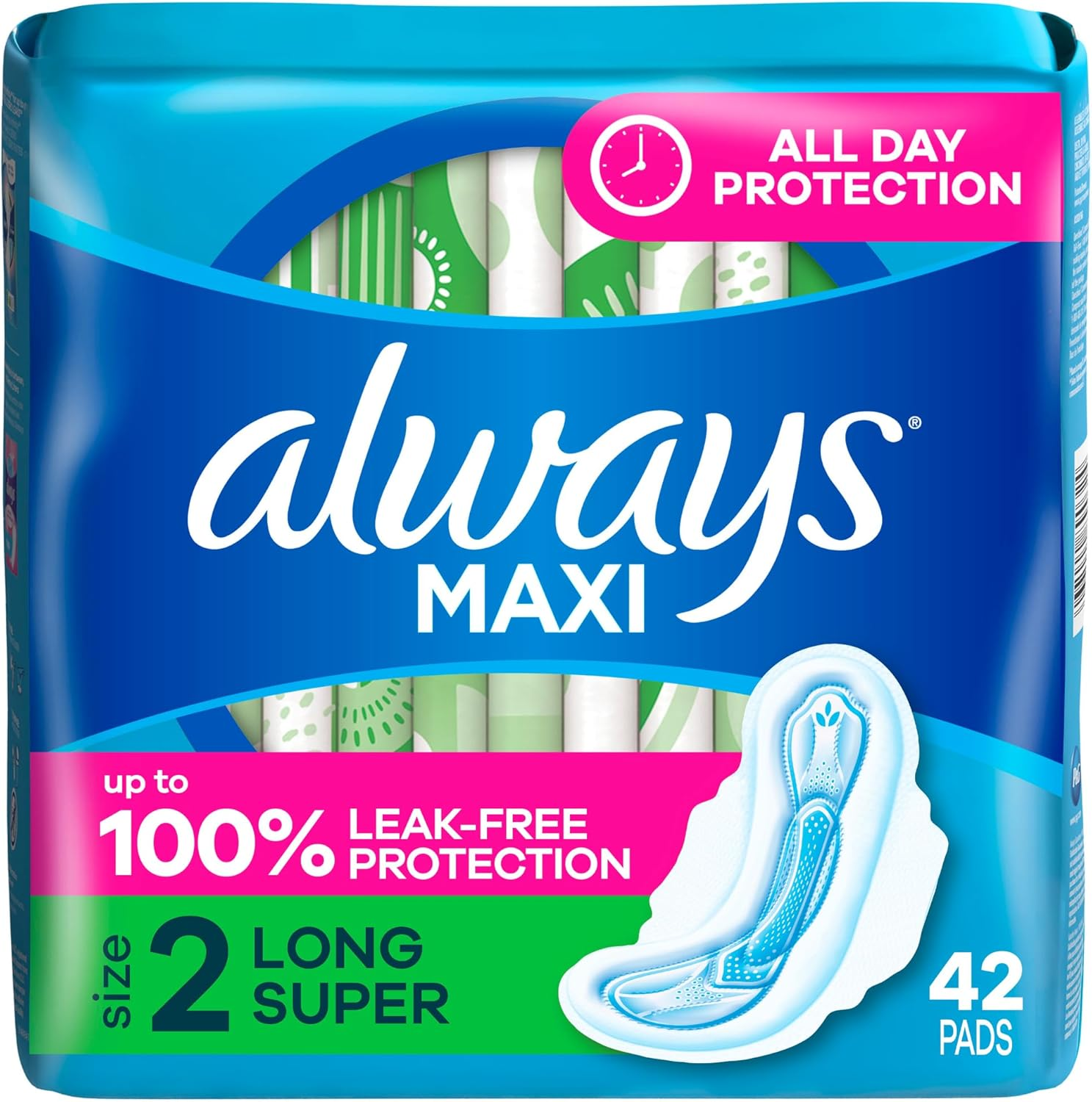 Always Maxi Feminine Pads for Women, Size 2, Long, Super Absorbency, with Wings, Unscented, 42 Count (Packaging May Vary) image number 5