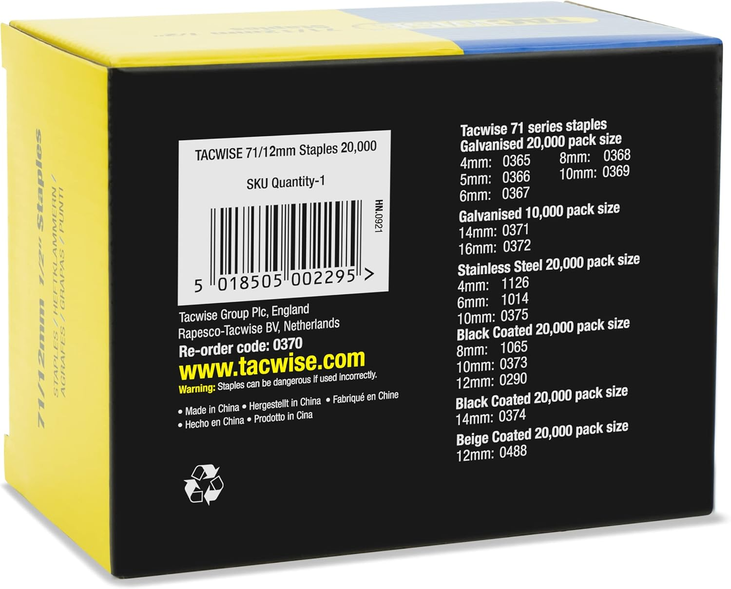 Tacwise 0370 Type 71/12 Mm Galvanised Upholstery Staples, Pack of 20,000 image number 1