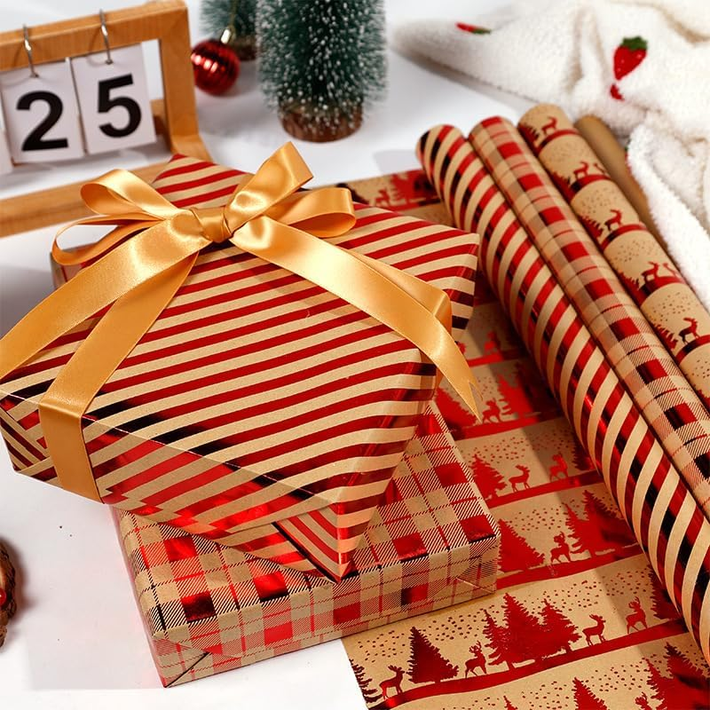 SUPNBDM Christmas Wrapping Paper, Kraft Wrapping Paper for Xmas Day,3 Rolls, 45Cm Width 3M Length Each,With Classical Xmas Pattern Lucky Red,Christmas Wedding Birthday Gift Wrapping Paper image number 4