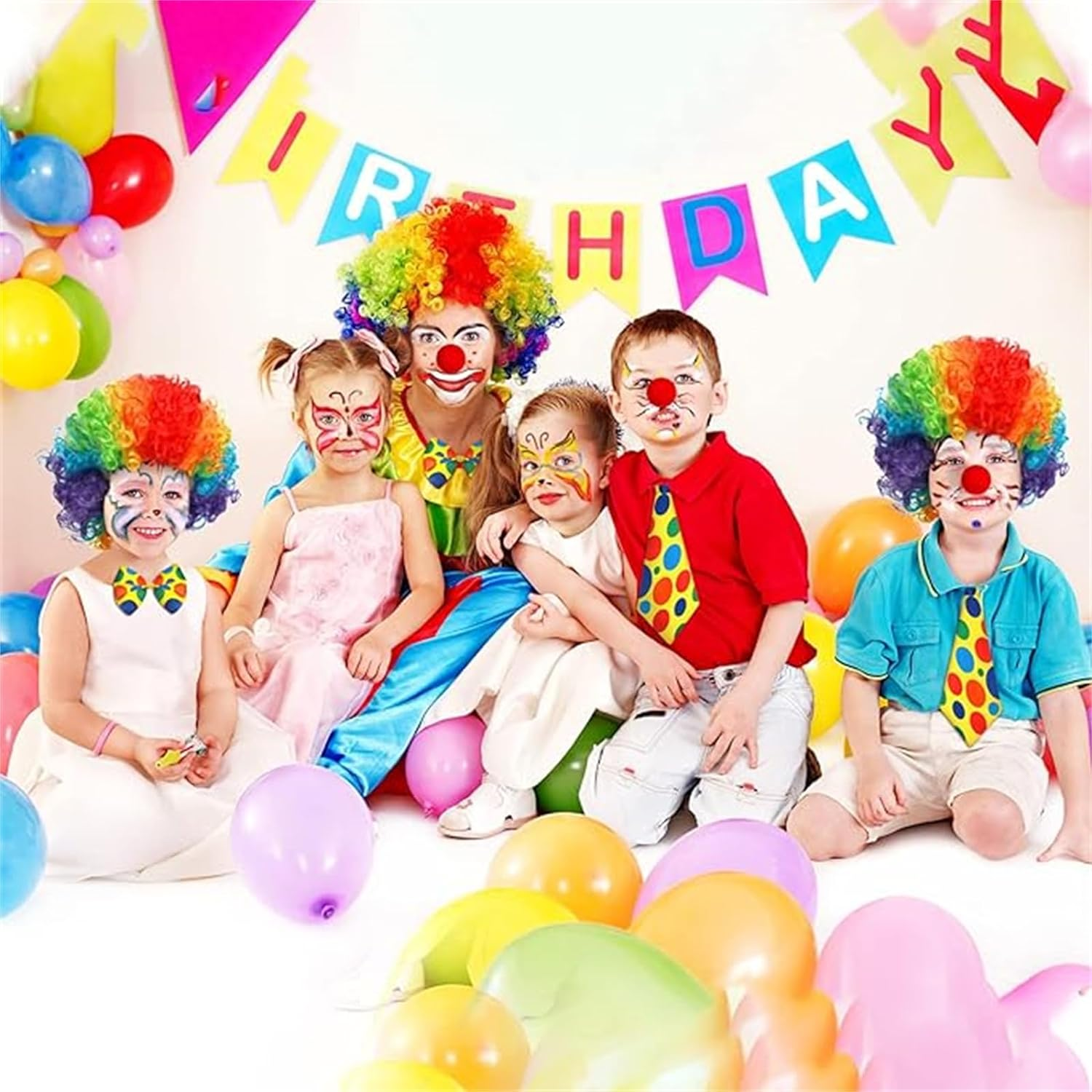 4 Pcs Clown Costume Wig Set, Rainbow Wig Red Clown Nose Tie White Gloves for Halloween Parties Christmas Carnival Circus Cosplay Party Men Women Kid Adults image number 3