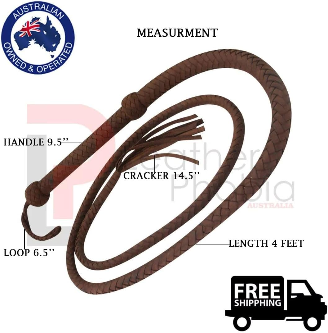 Indiana Jones Equestrian Whip Bull Whip 4 Ft Long and 12 Plaits Leather Phobia Brown Cowhide Leather image number 1