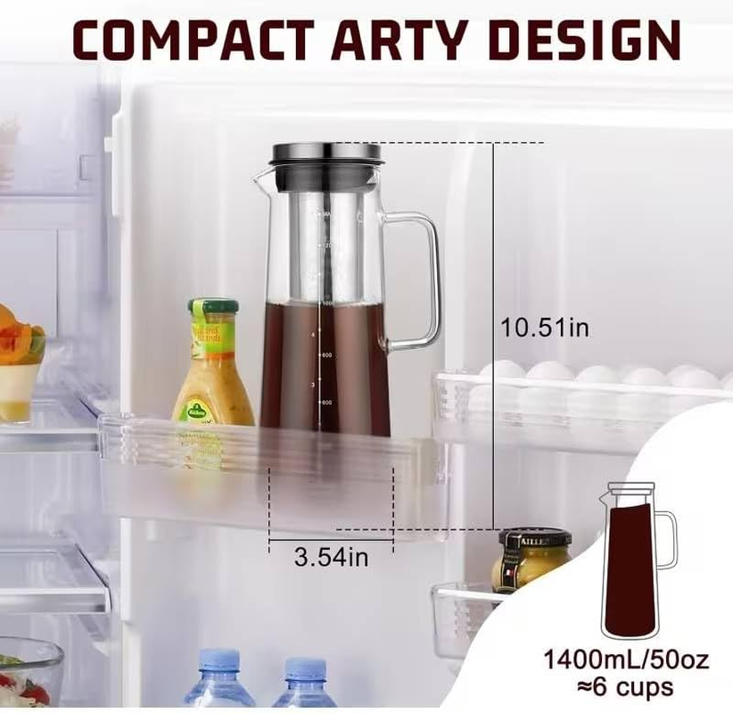 1300Ml Premium Cold Brew Coffee Maker Pot,Borosilicate Glass & Stainless Steel Fine Mesh Filter for Smooth Iced Coffee - Home Barista Essentials (1300Ml) image number 1