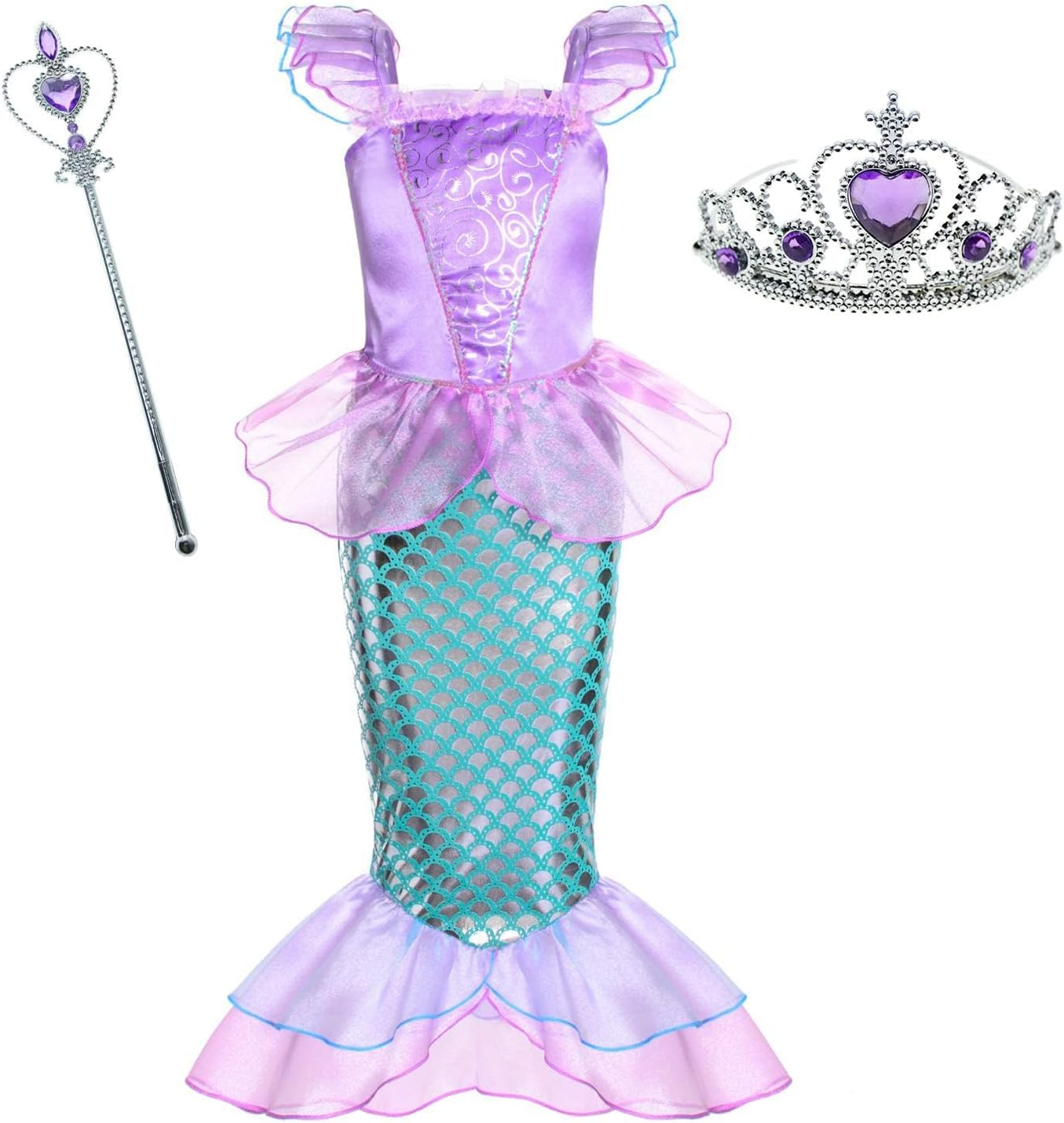 AUTOWT Little Girls Mermaid Princess Costume, Girls Dress up Clothing with Purple Wand Crown for Birthday Halloween Christmas School Cosplay Party image number 1