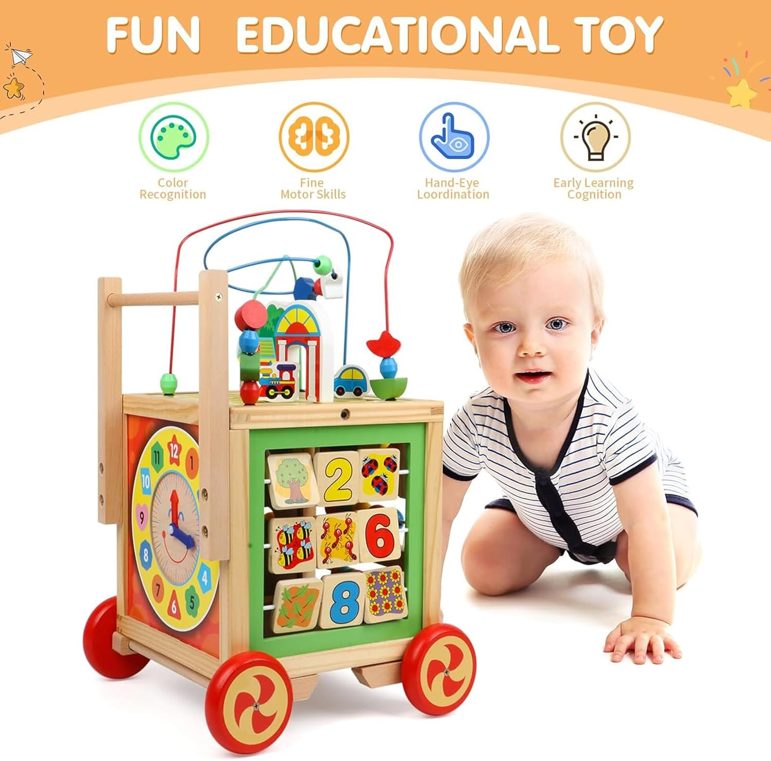 Wooden Activity Cube 6 in 1 Wooden Baby Walke Montessori Toys Educational Learning Sensory Toys for 1 Year Old Baby Toddler Kid Boy First Birthday Gift, Bead Maze Shape Sorter Abacus image number 6