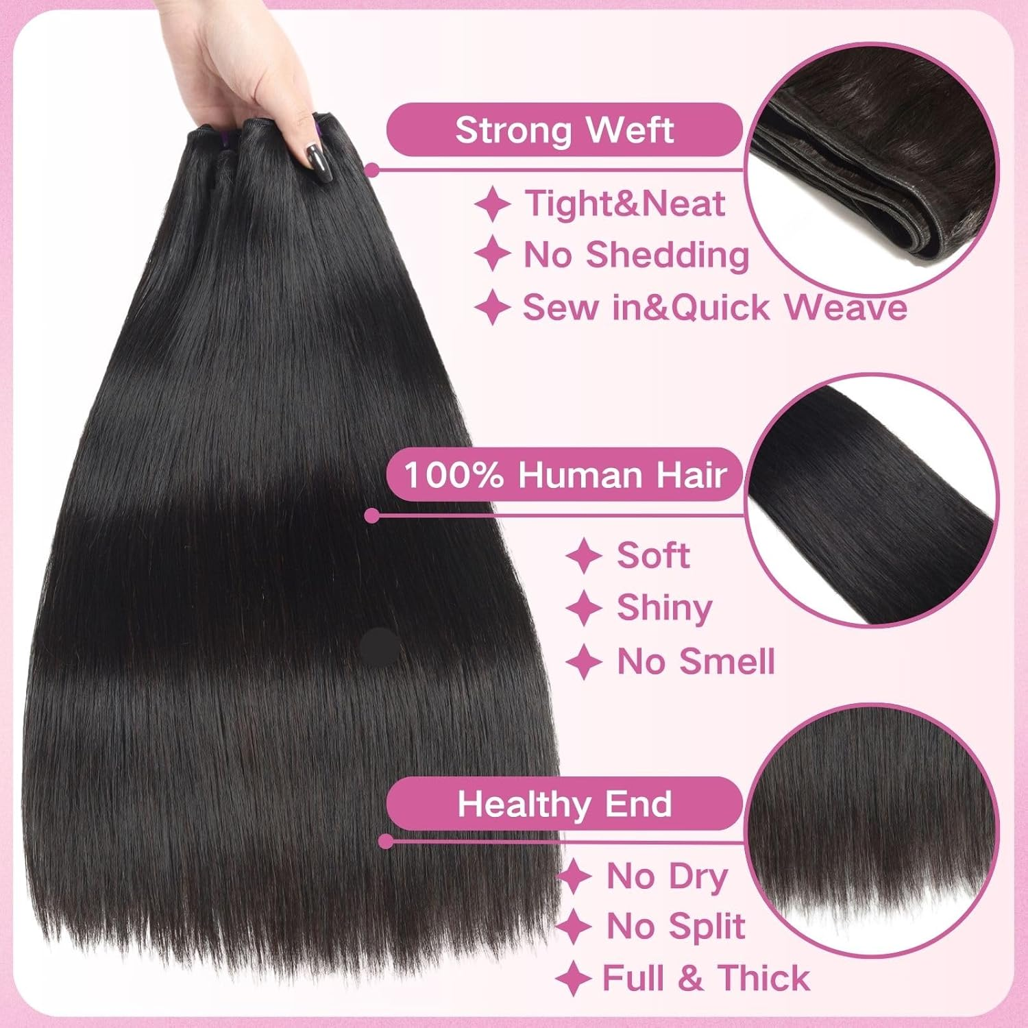 Beauty Queen 16A Brazilian Straight Bundles Human Hair (20 22 24 Inch) 100% Unprocessed Straight Human Hair Bundles Quick Weave Hair 3 Bundles Thick Remy Virgin Hair Extensions Natural Color image number 3