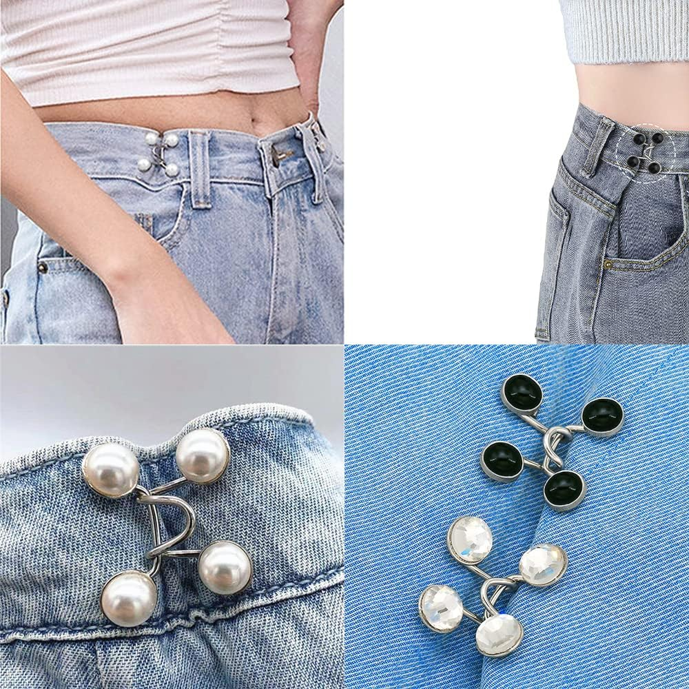 8 Set Pant Waist Tightener, Adjustable Waist Buckle Set, Jean Buttons Pins, No Sewing Required, Jeans Button Replacement Pant Clips for Women Skirt Pant Jeans（White Black Pearl） - 6Pc Black image number 6